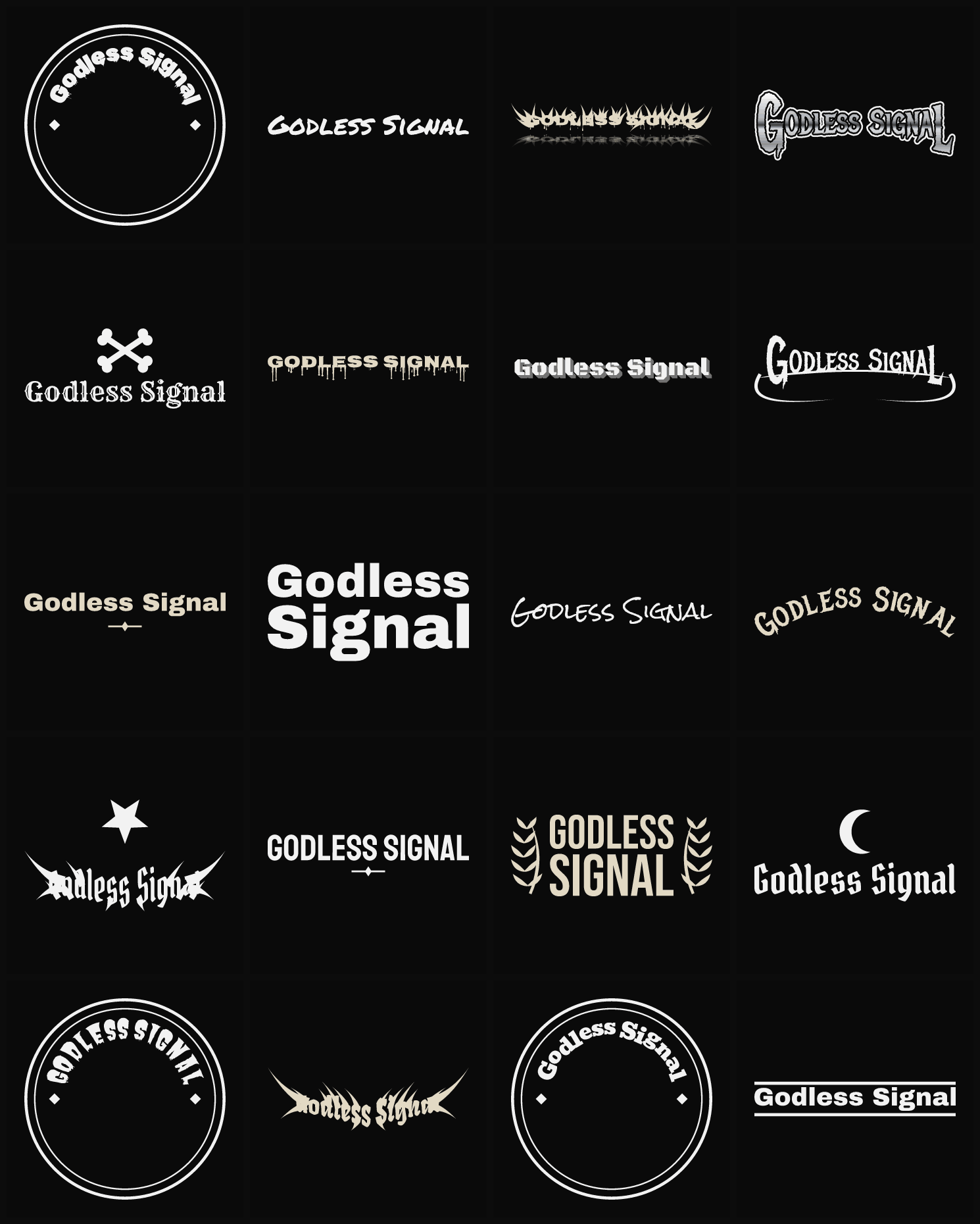 Twenty Godless Signal band logo ideas — different faces, treatments and spike settings