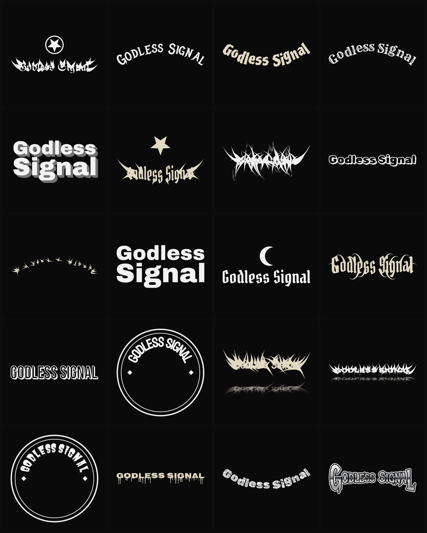 Twenty Godless Signal band logo ideas — different faces, treatments and spike settings