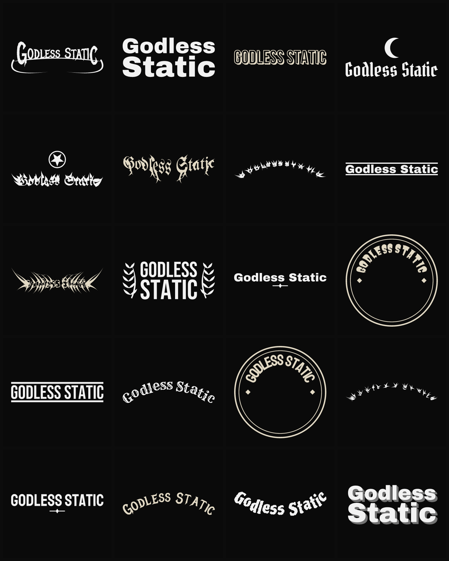 Twenty Godless Static band logo ideas — different faces, treatments and spike settings