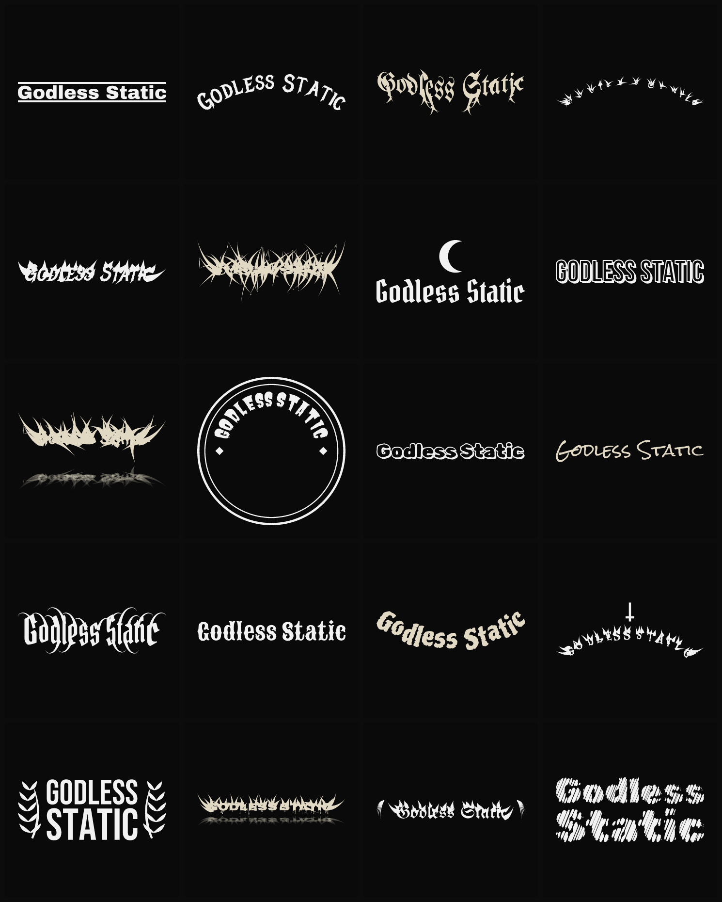 Twenty Godless Static band logo ideas — different faces, treatments and spike settings