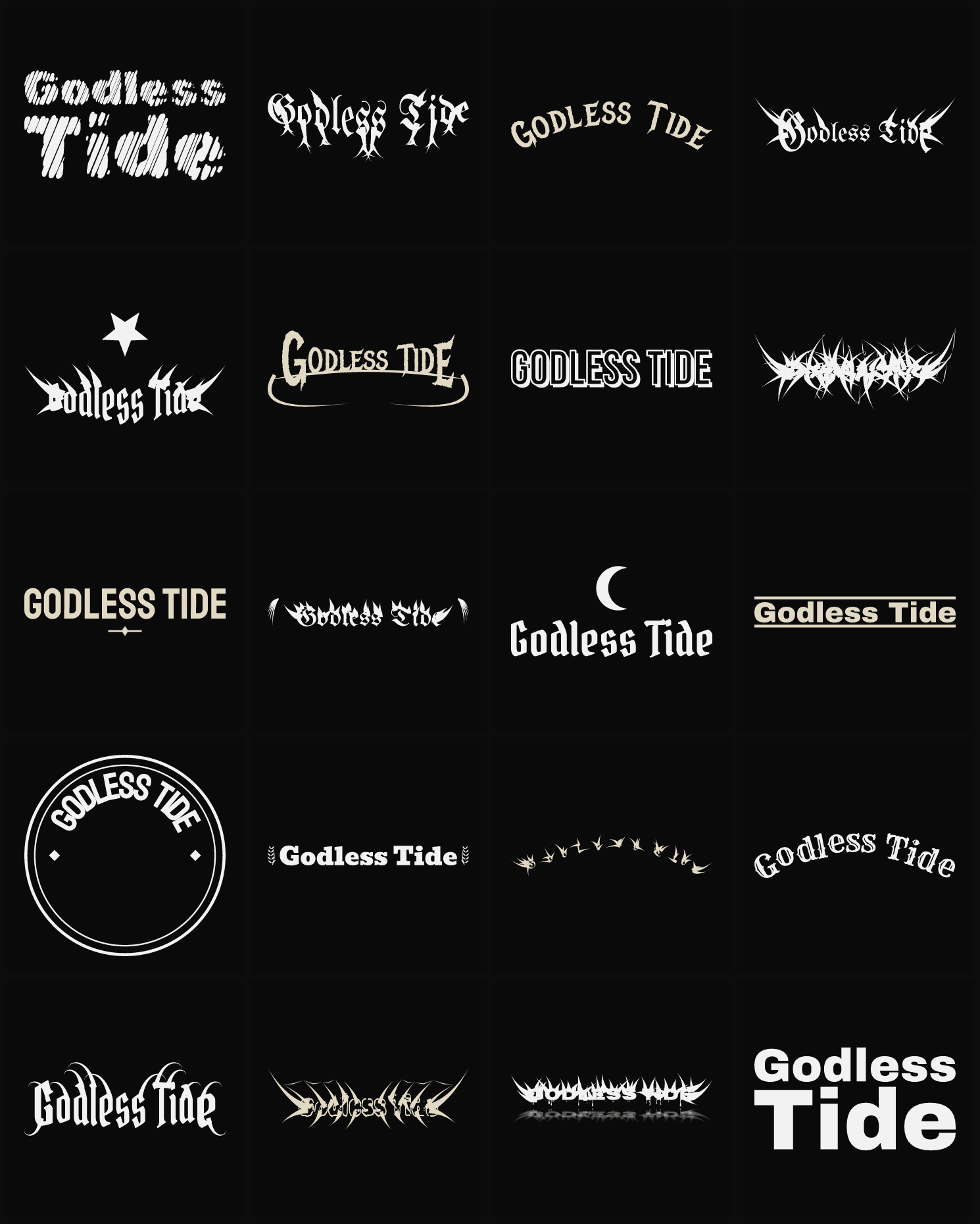 Twenty Godless Tide band logo ideas — different faces, treatments and spike settings