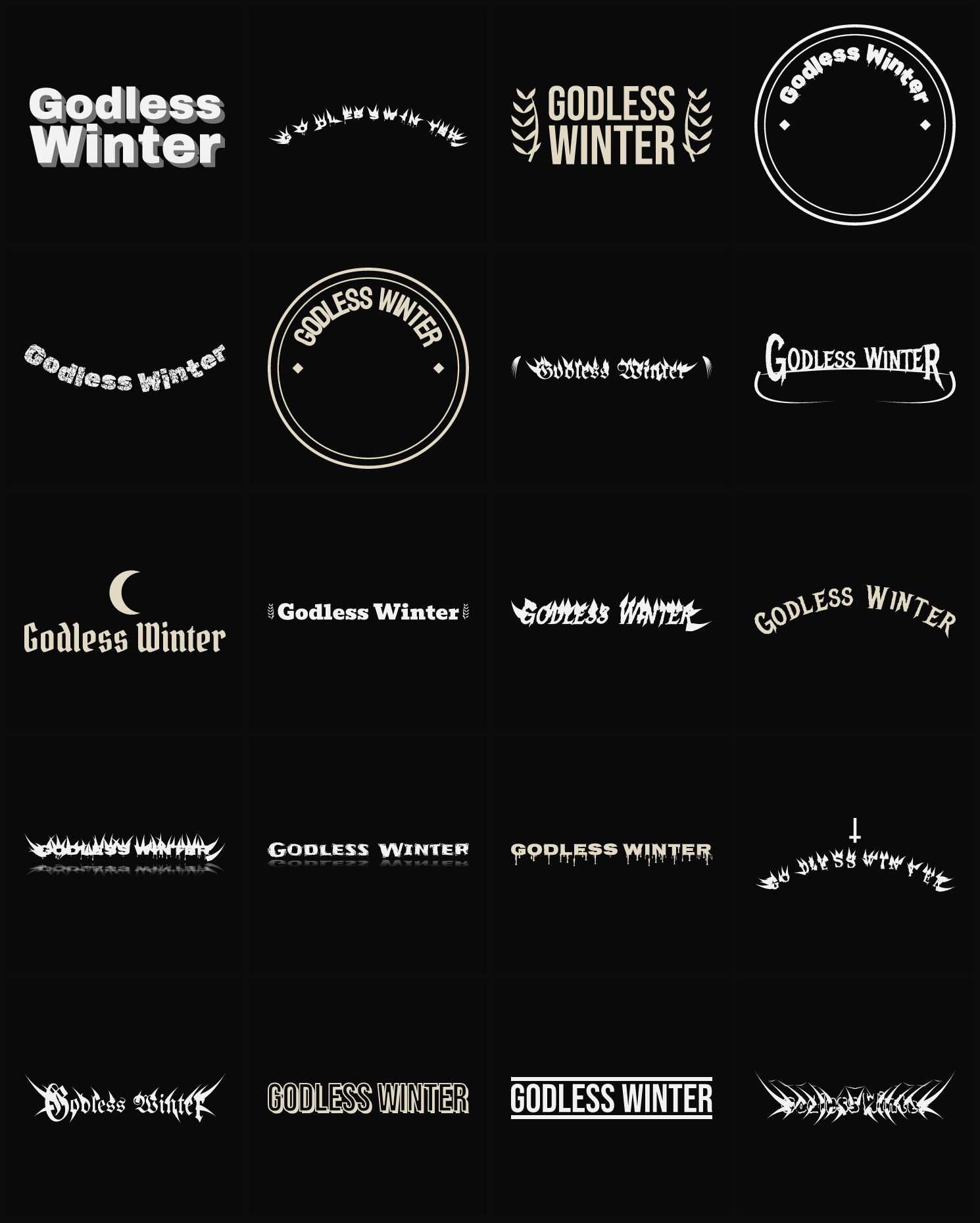 Twenty Godless Winter band logo ideas — different faces, treatments and spike settings