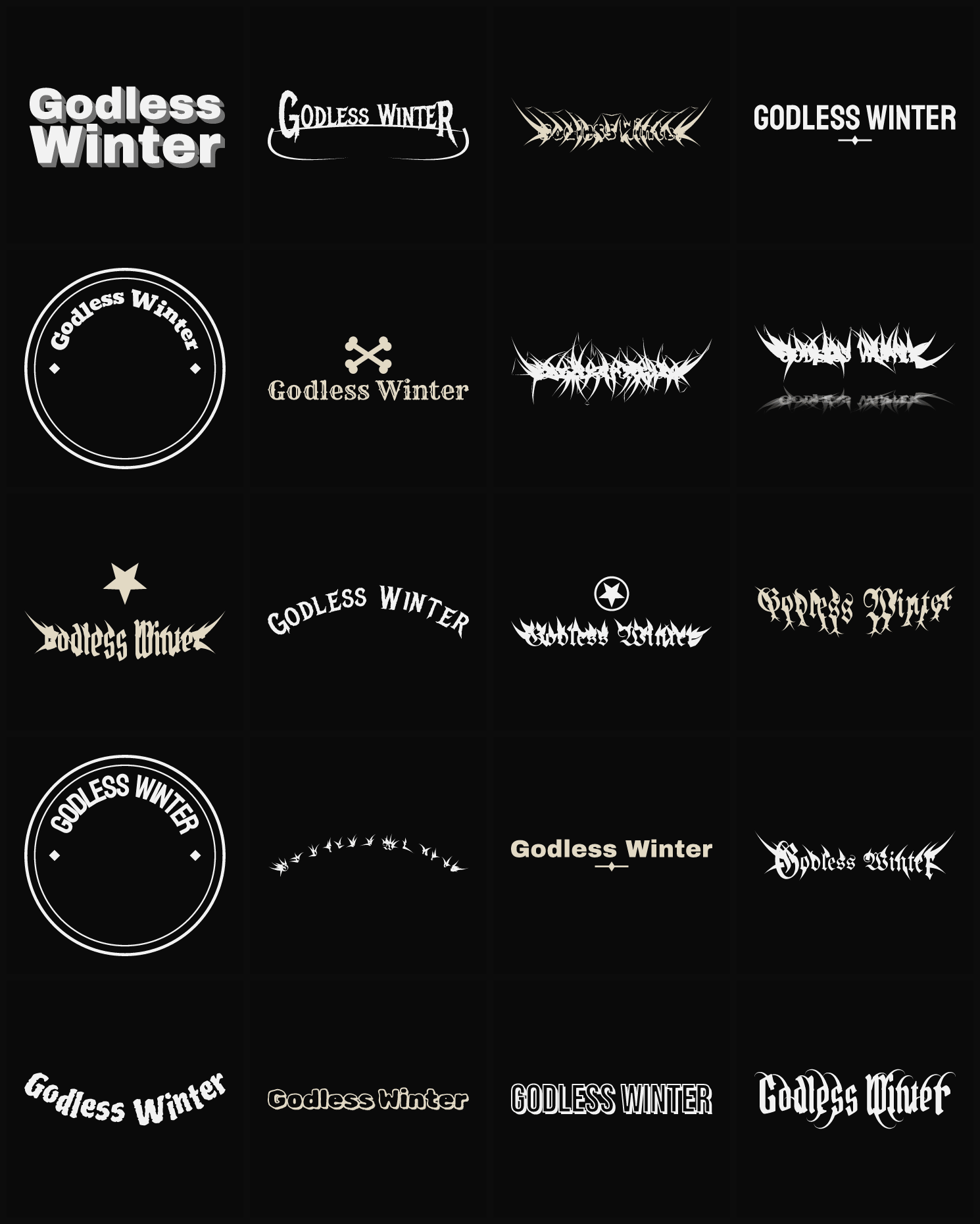 Twenty Godless Winter band logo ideas — different faces, treatments and spike settings
