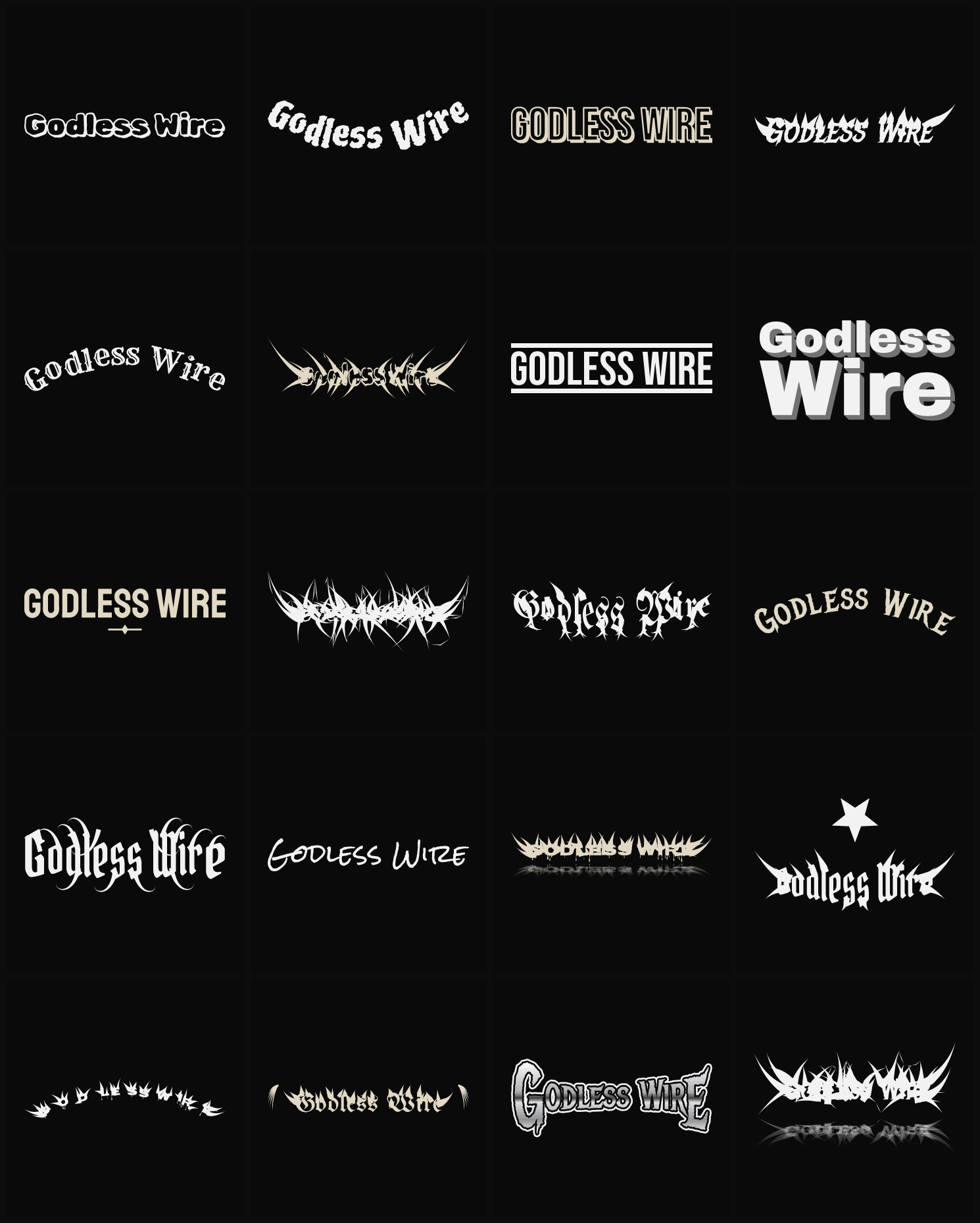 Twenty Godless Wire band logo ideas — different faces, treatments and spike settings