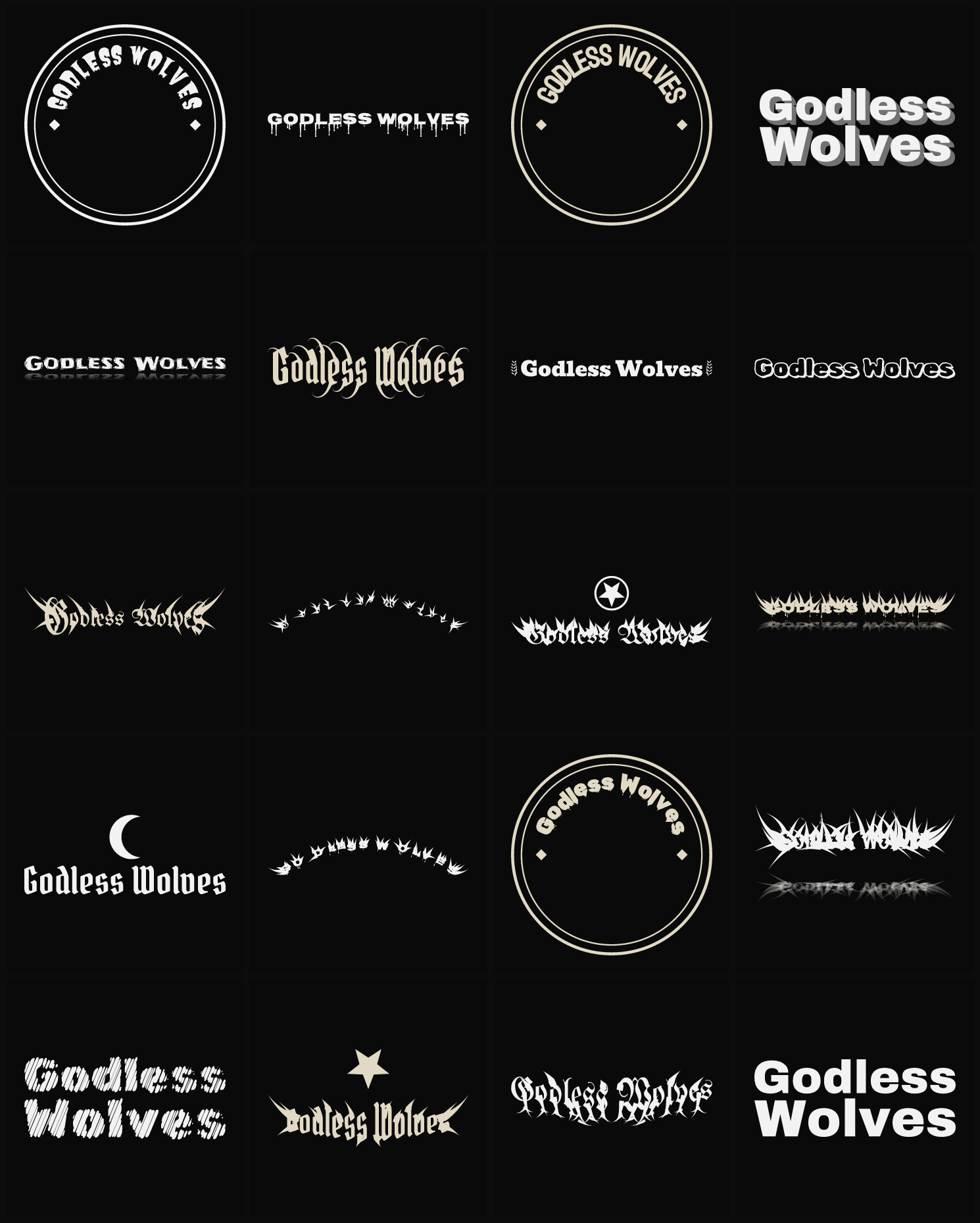 Twenty Godless Wolves band logo ideas — different faces, treatments and spike settings