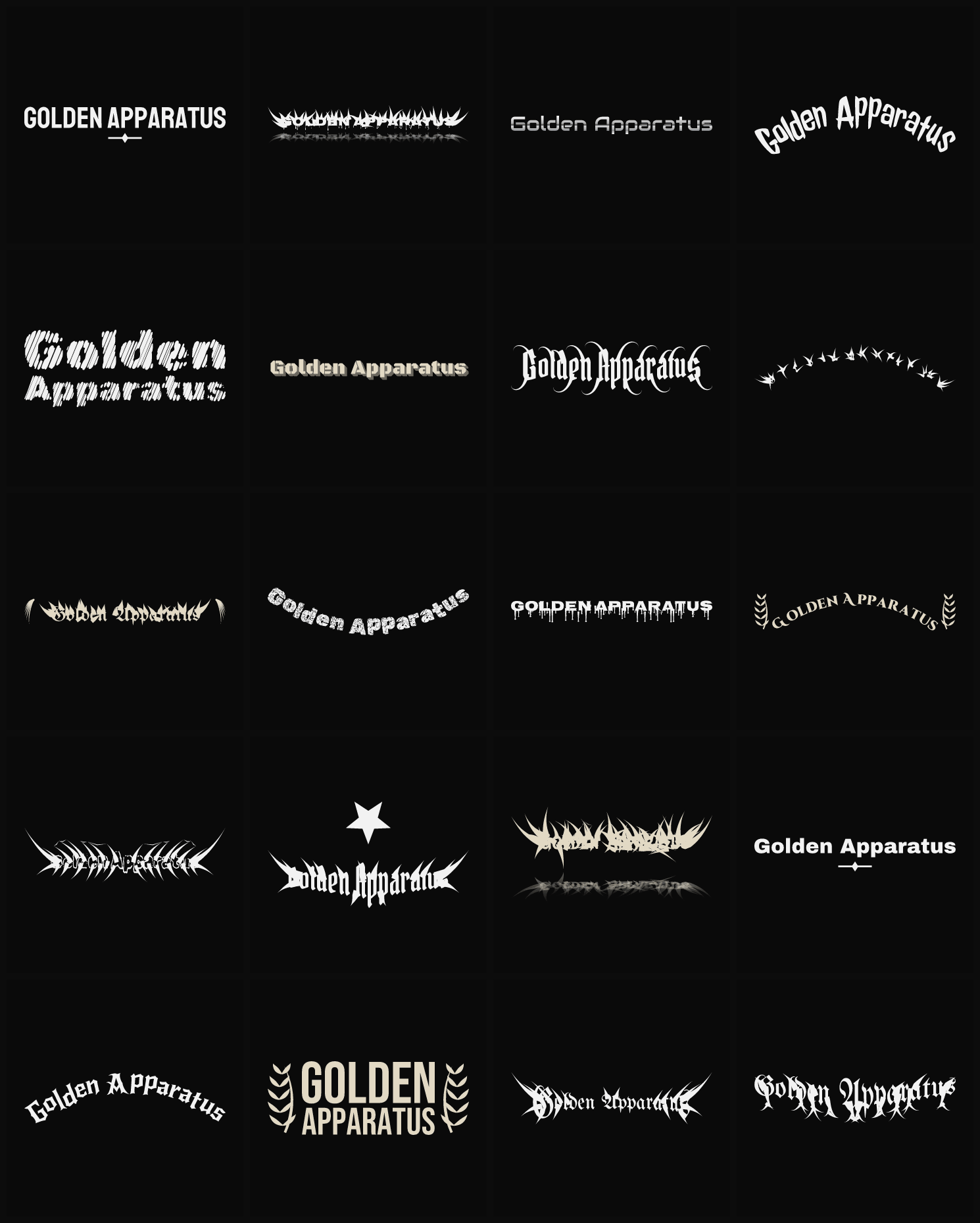 Twenty Golden Apparatus band logo ideas — different faces, treatments and spike settings