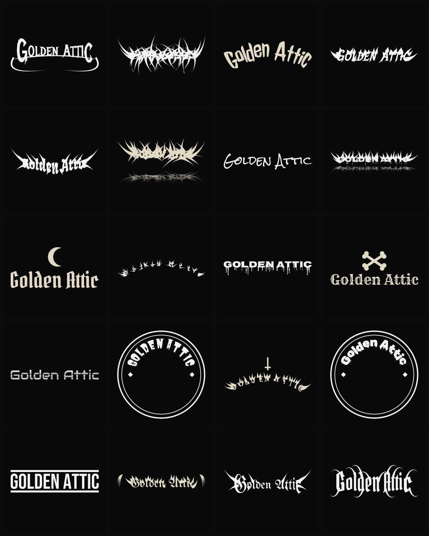 Twenty Golden Attic band logo ideas — different faces, treatments and spike settings