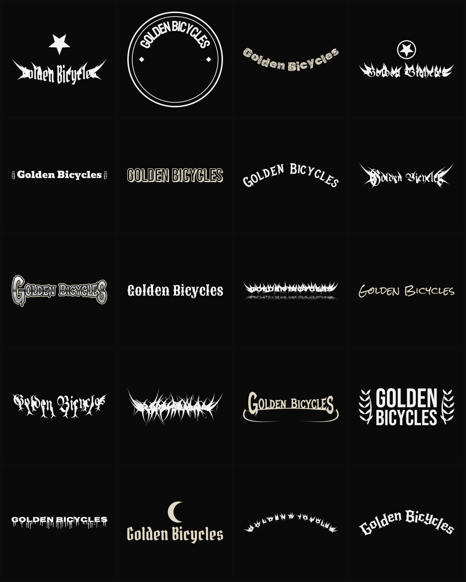 Twenty Golden Bicycles band logo ideas — different faces, treatments and spike settings