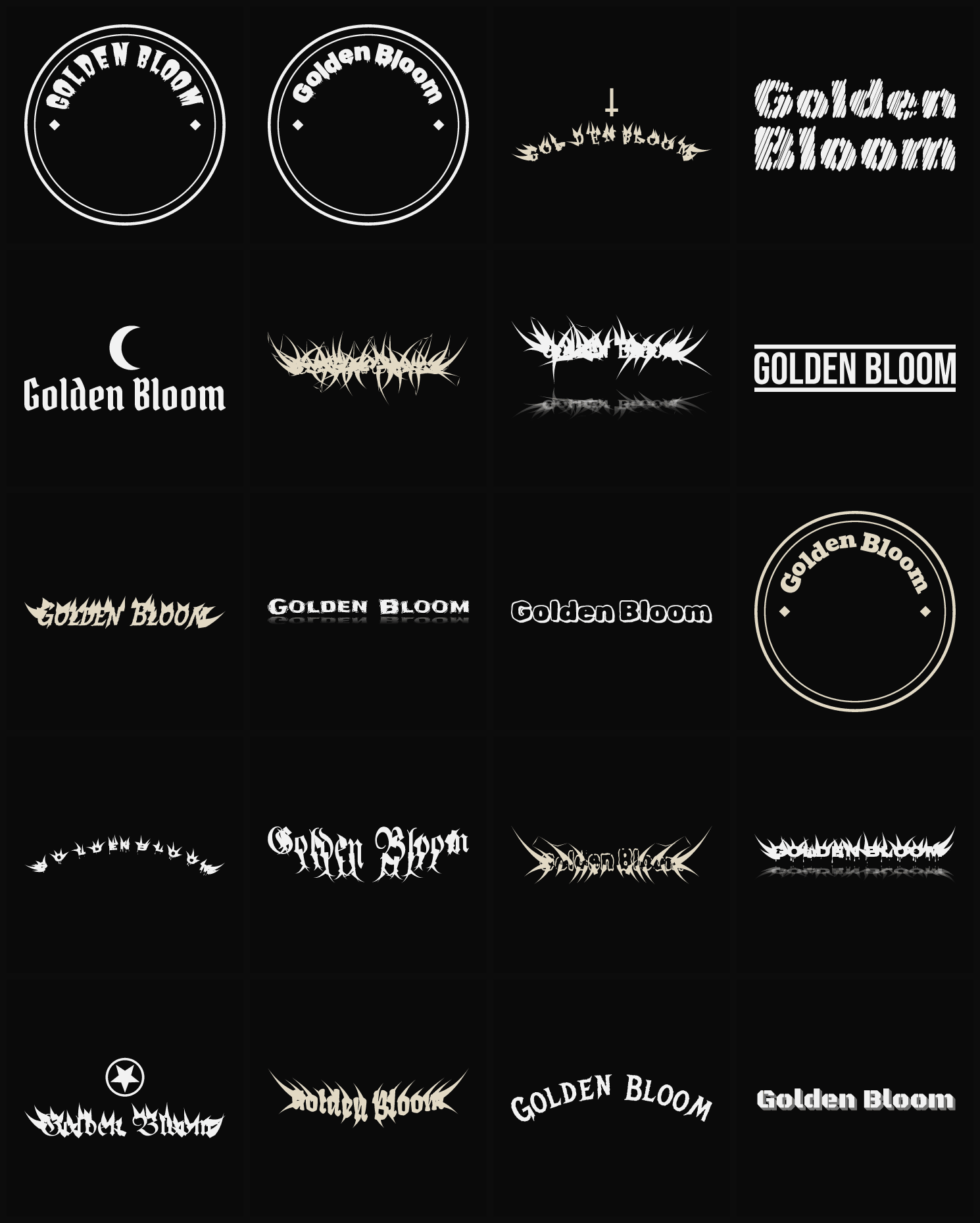 Twenty Golden Bloom band logo ideas — different faces, treatments and spike settings