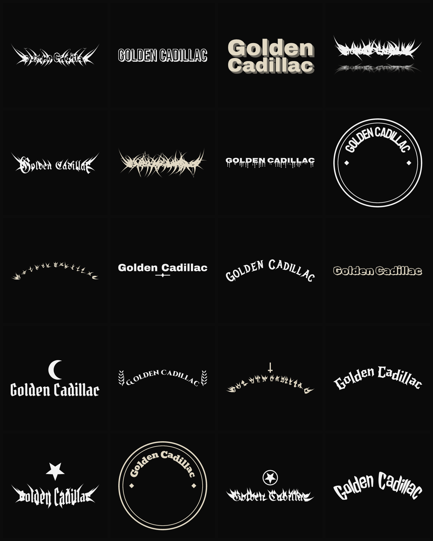 Twenty Golden Cadillac band logo ideas — different faces, treatments and spike settings