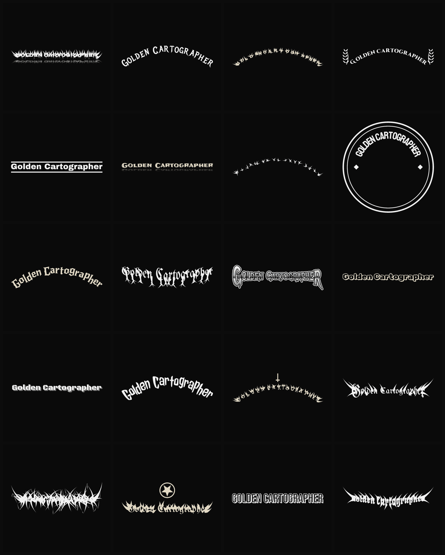 Twenty Golden Cartographer band logo ideas — different faces, treatments and spike settings