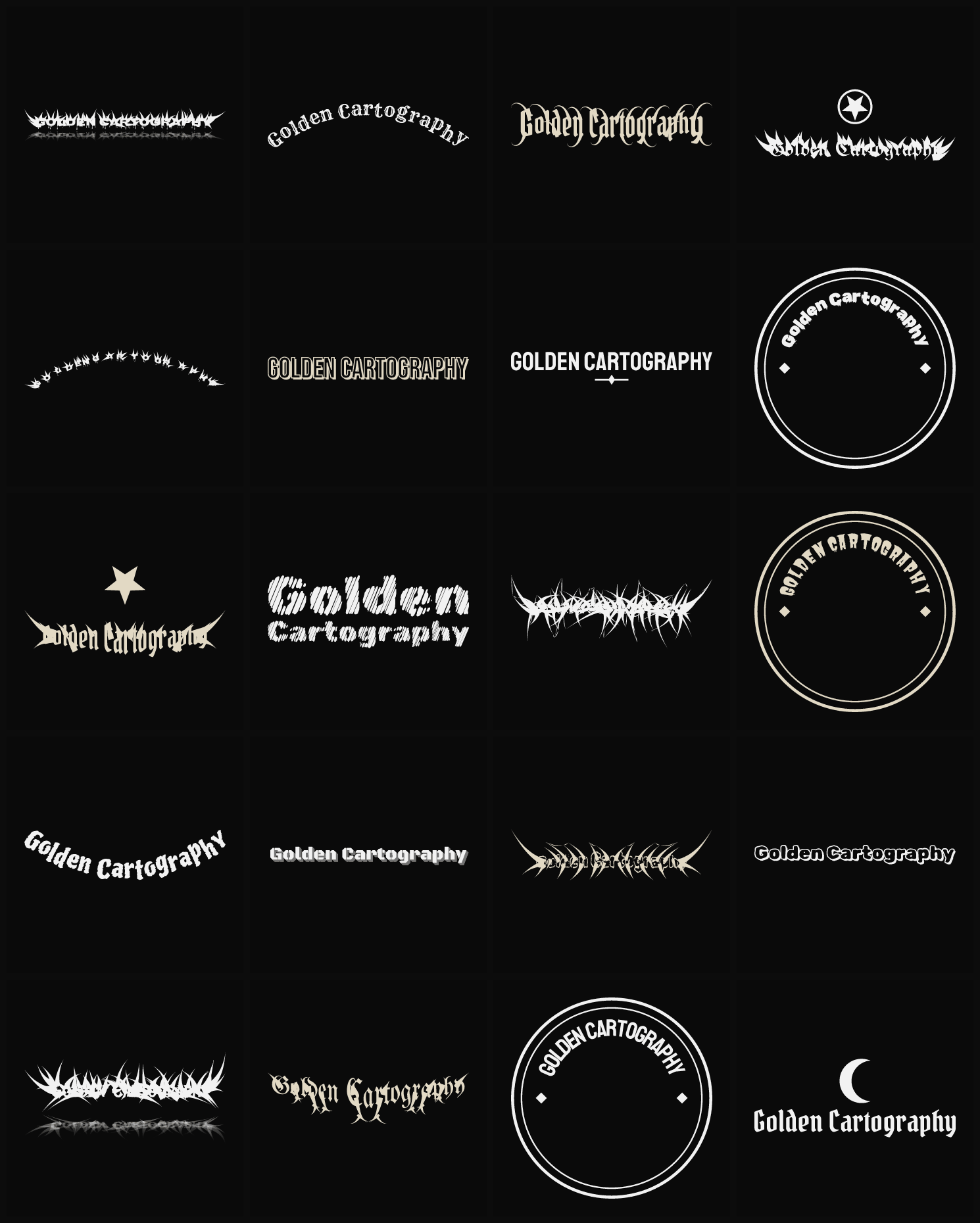 Twenty Golden Cartography band logo ideas — different faces, treatments and spike settings