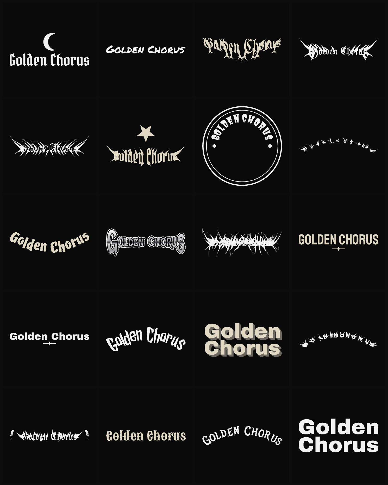 Twenty Golden Chorus band logo ideas — different faces, treatments and spike settings