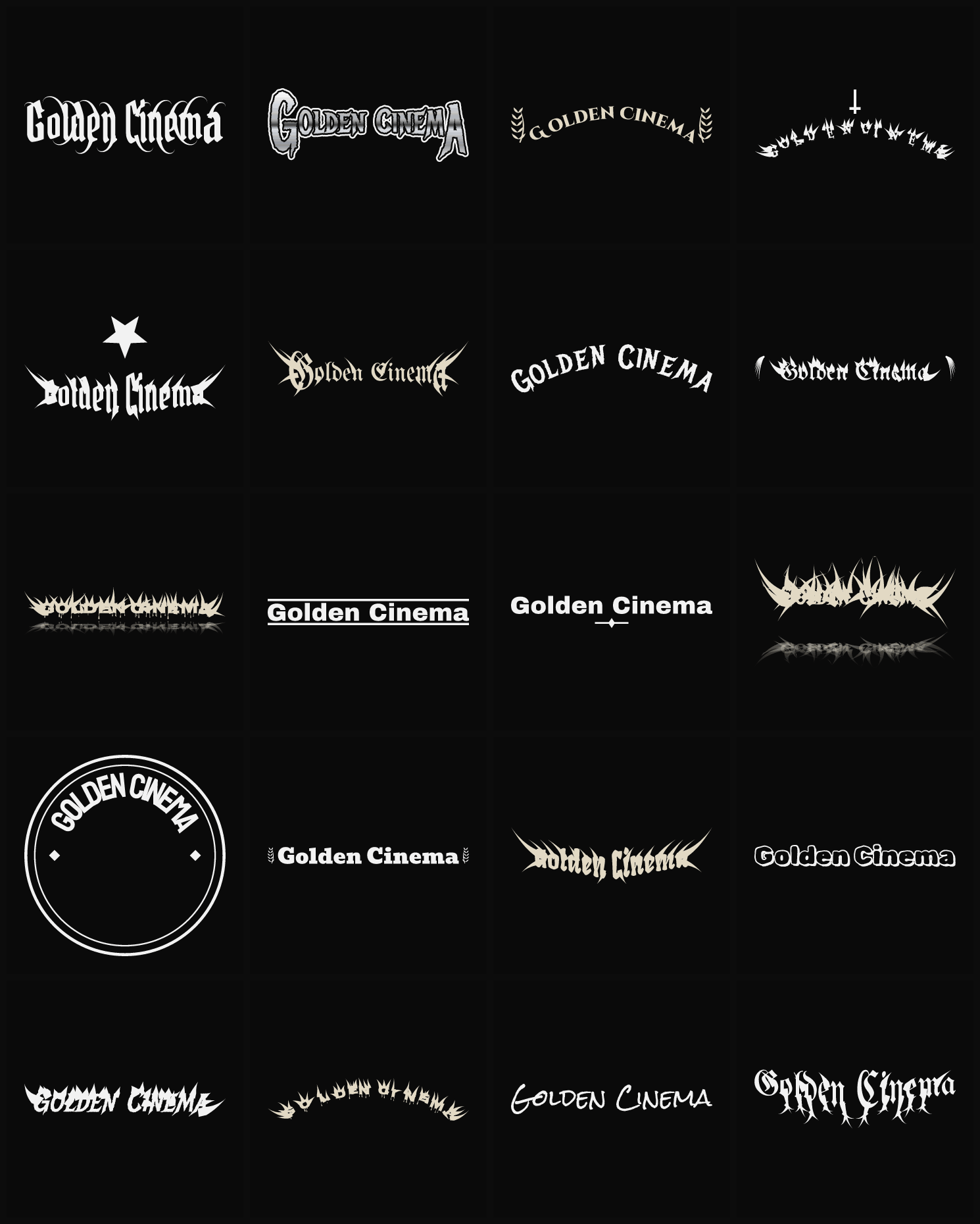 Twenty Golden Cinema band logo ideas — different faces, treatments and spike settings