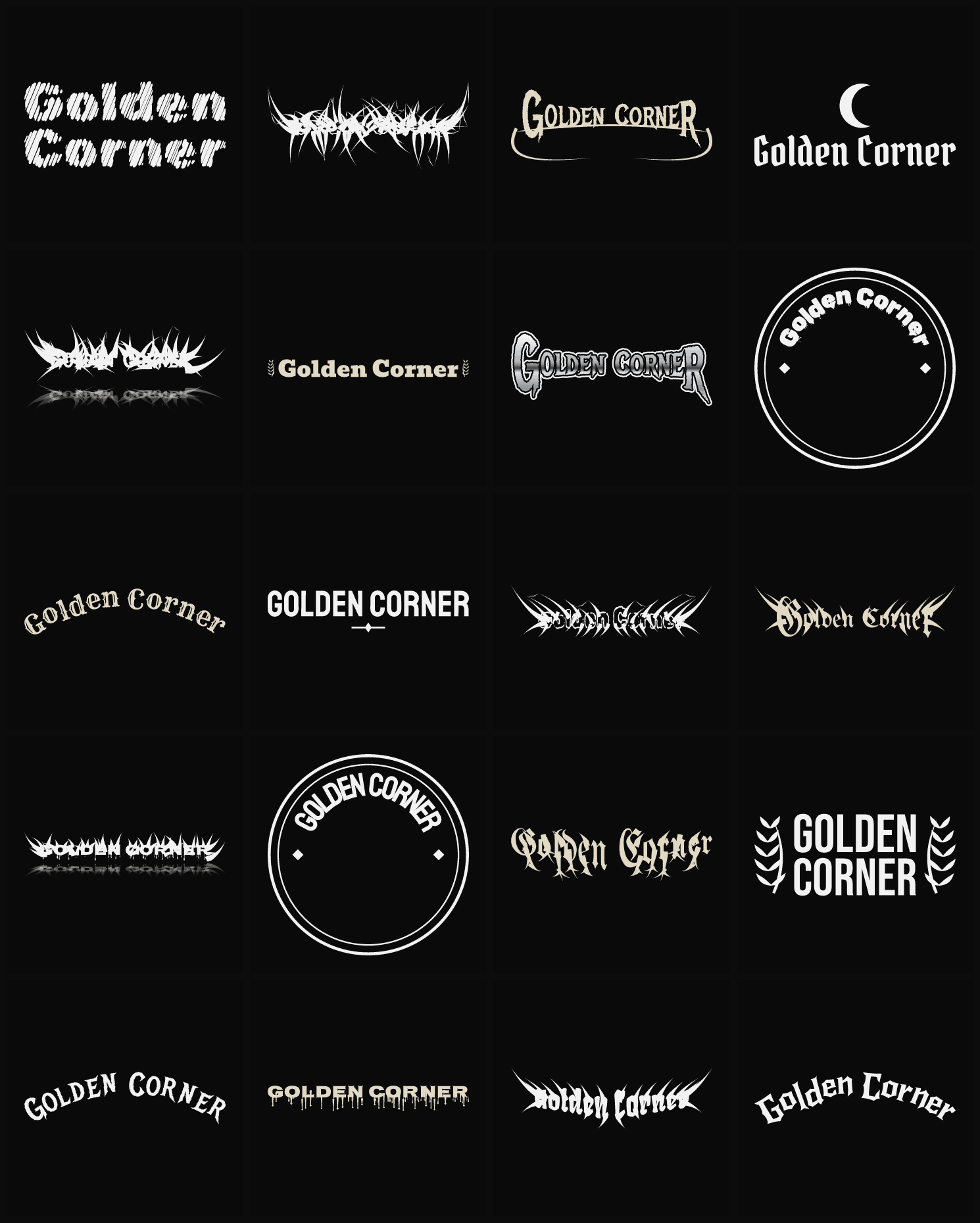 Twenty Golden Corner band logo ideas — different faces, treatments and spike settings