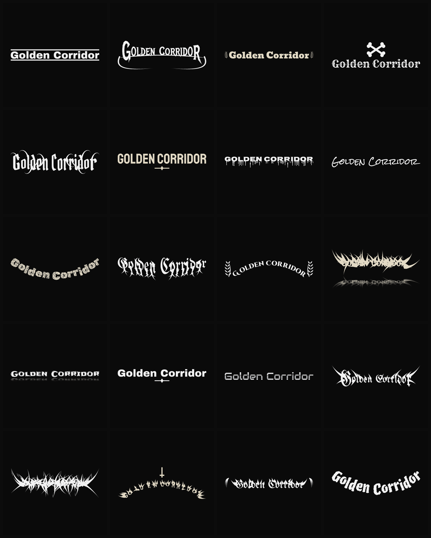 Twenty Golden Corridor band logo ideas — different faces, treatments and spike settings