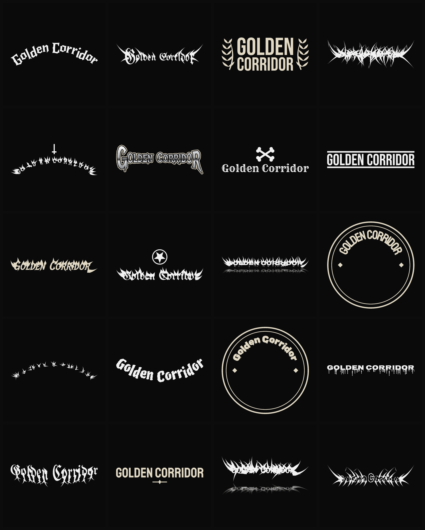 Twenty Golden Corridor band logo ideas — different faces, treatments and spike settings