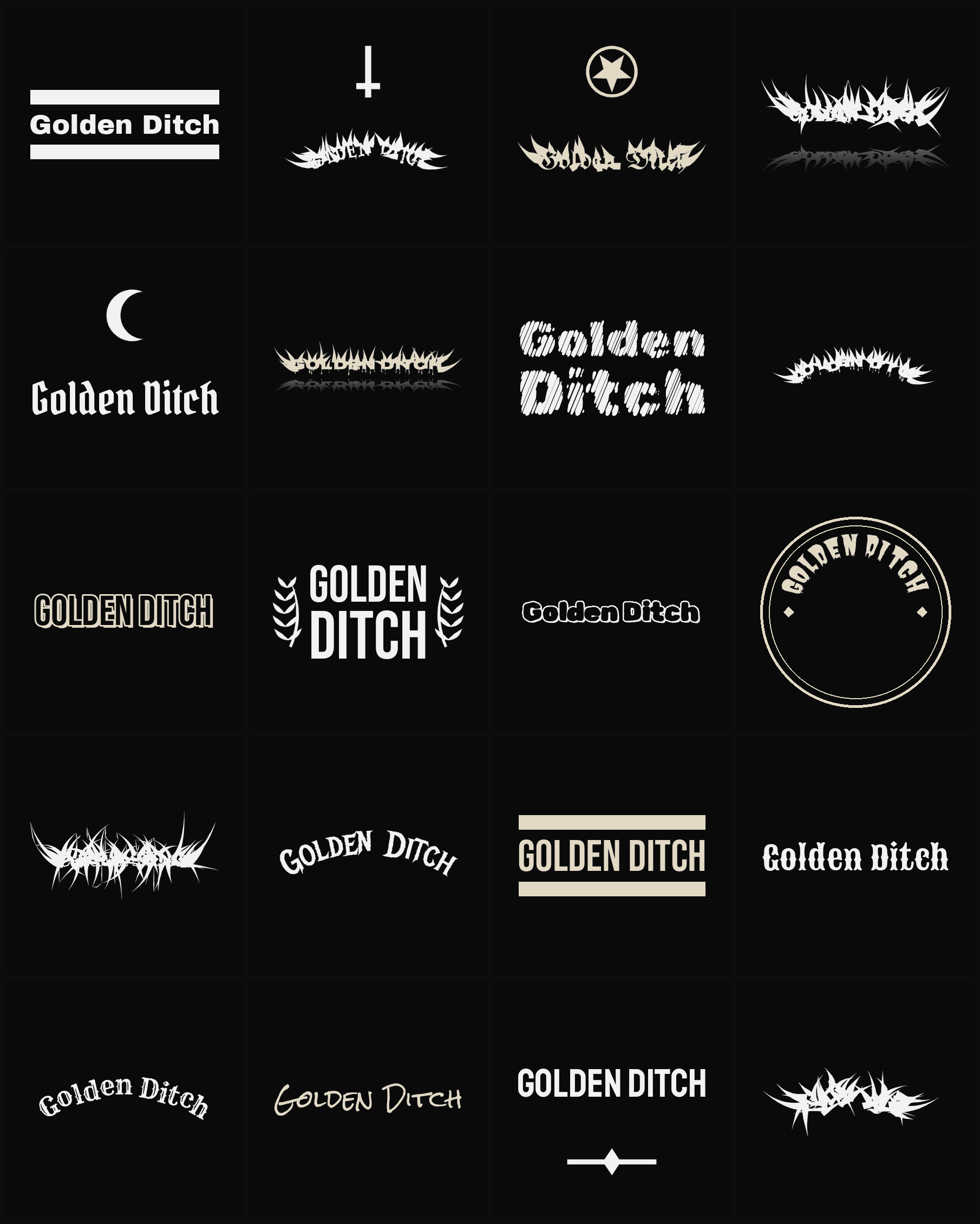 Twenty Golden Ditch band logo ideas — different faces, treatments and spike settings