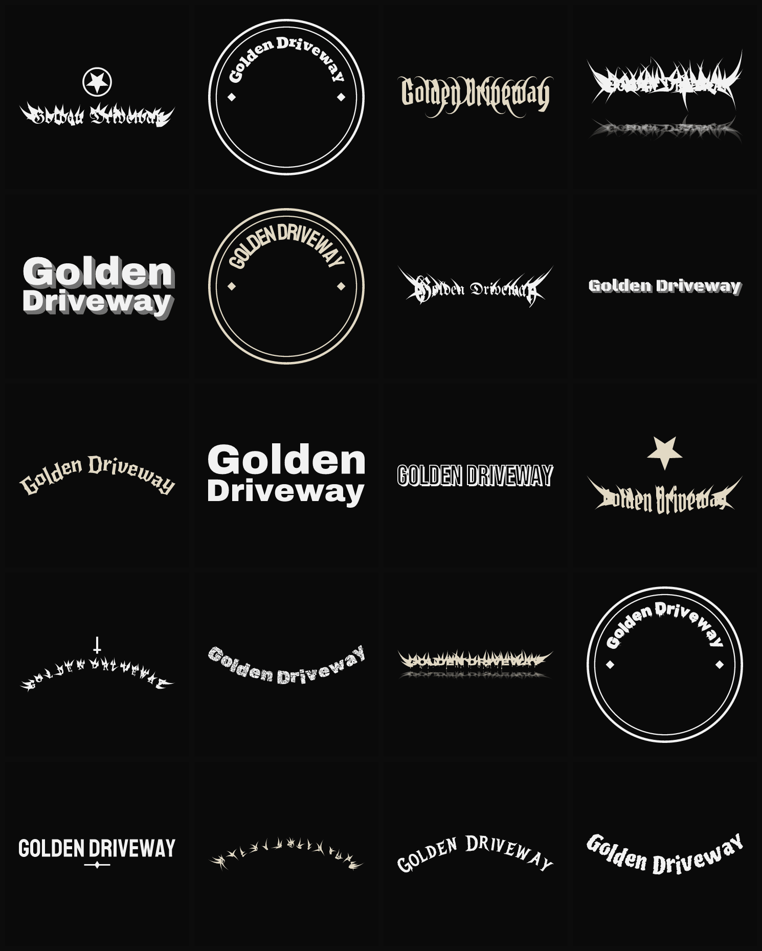 Twenty Golden Driveway band logo ideas — different faces, treatments and spike settings