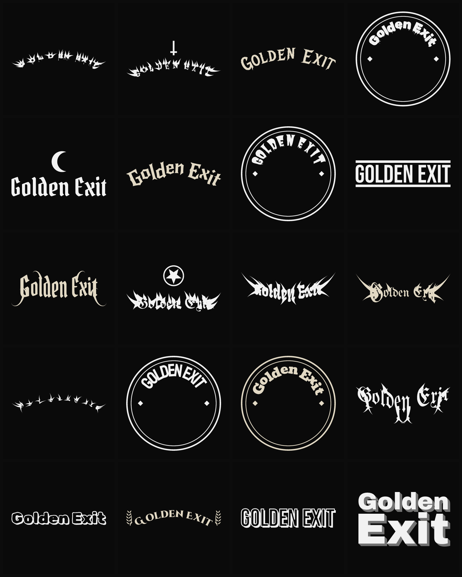 Twenty Golden Exit band logo ideas — different faces, treatments and spike settings