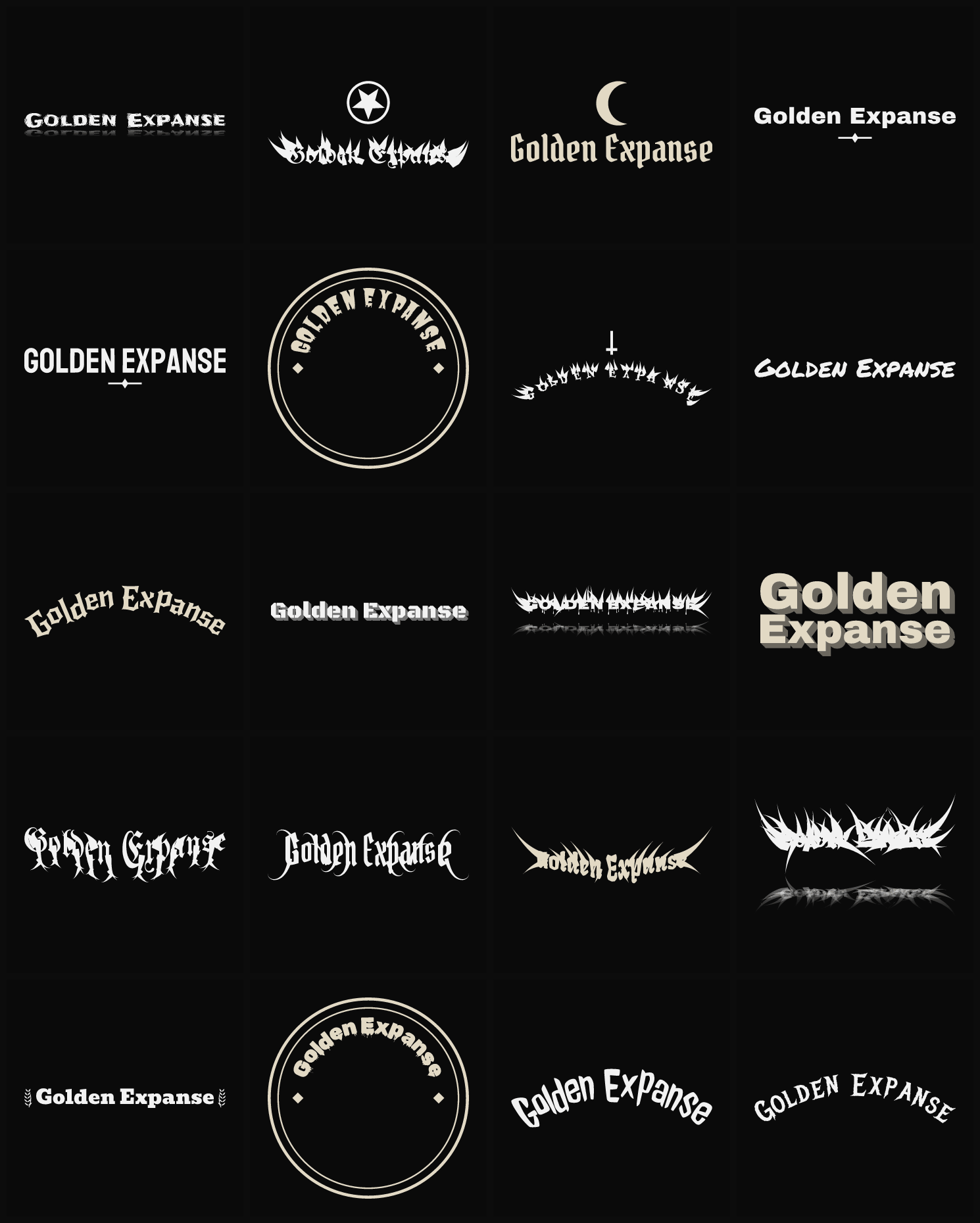 Twenty Golden Expanse band logo ideas — different faces, treatments and spike settings