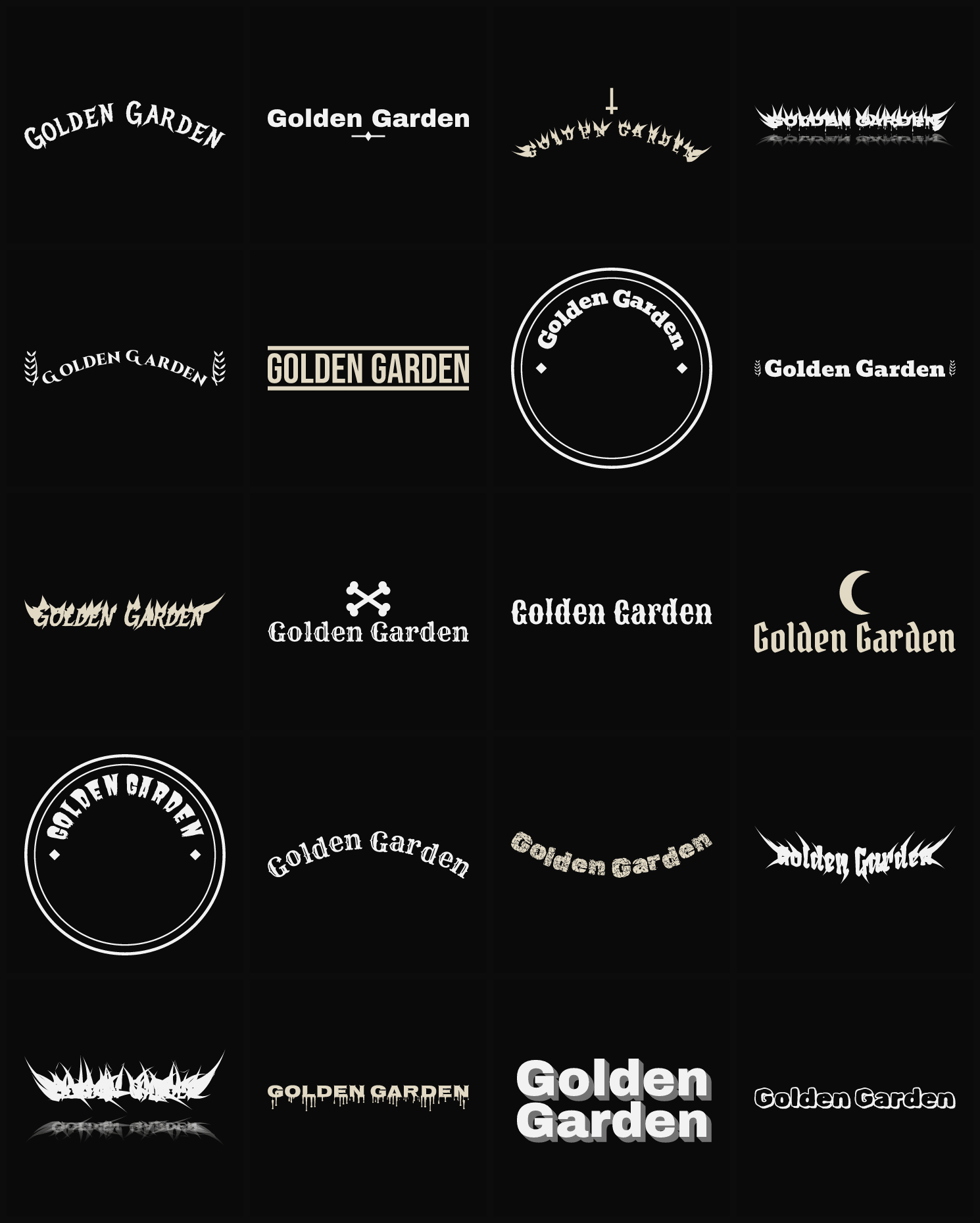 Twenty Golden Garden band logo ideas — different faces, treatments and spike settings