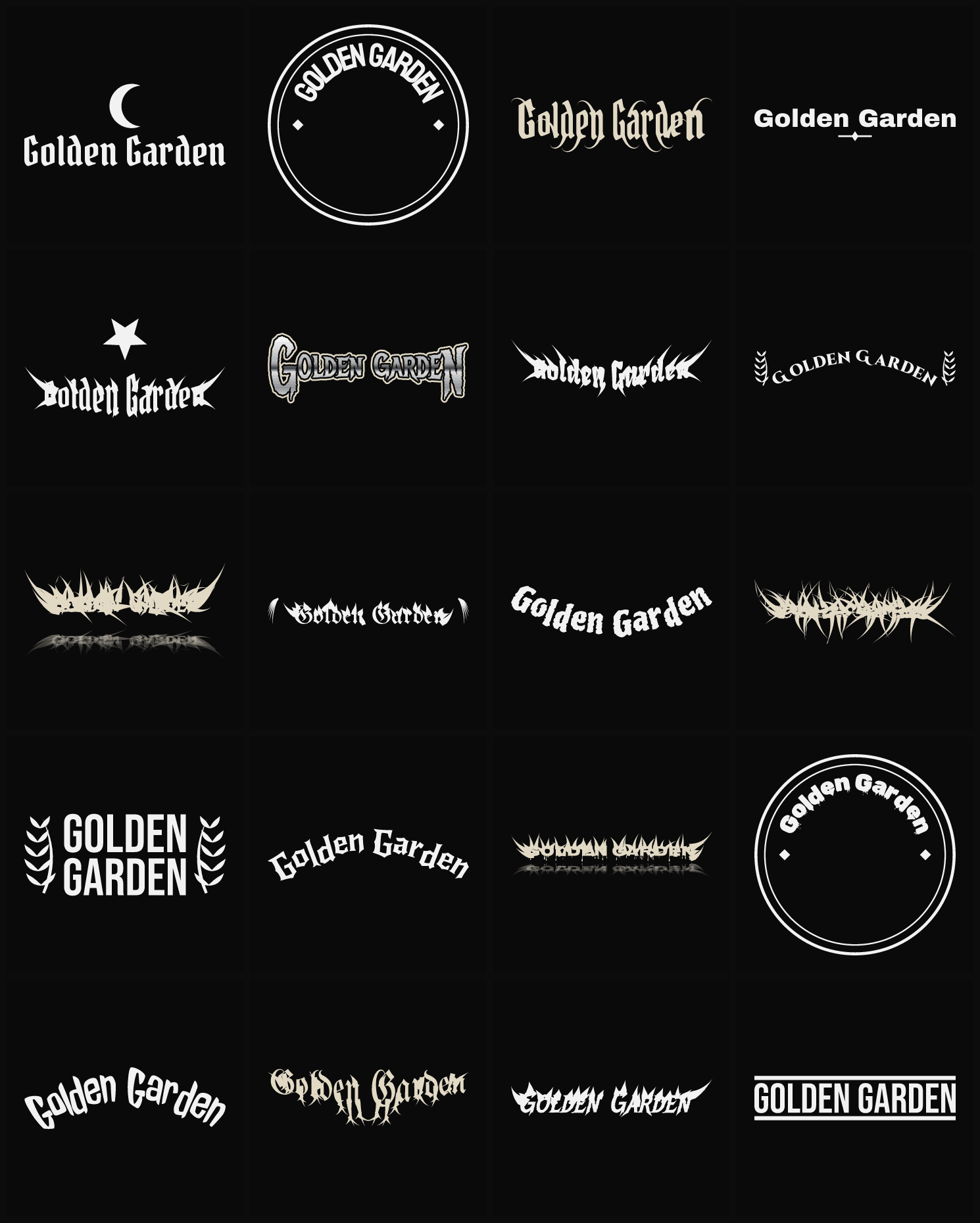 Twenty Golden Garden band logo ideas — different faces, treatments and spike settings