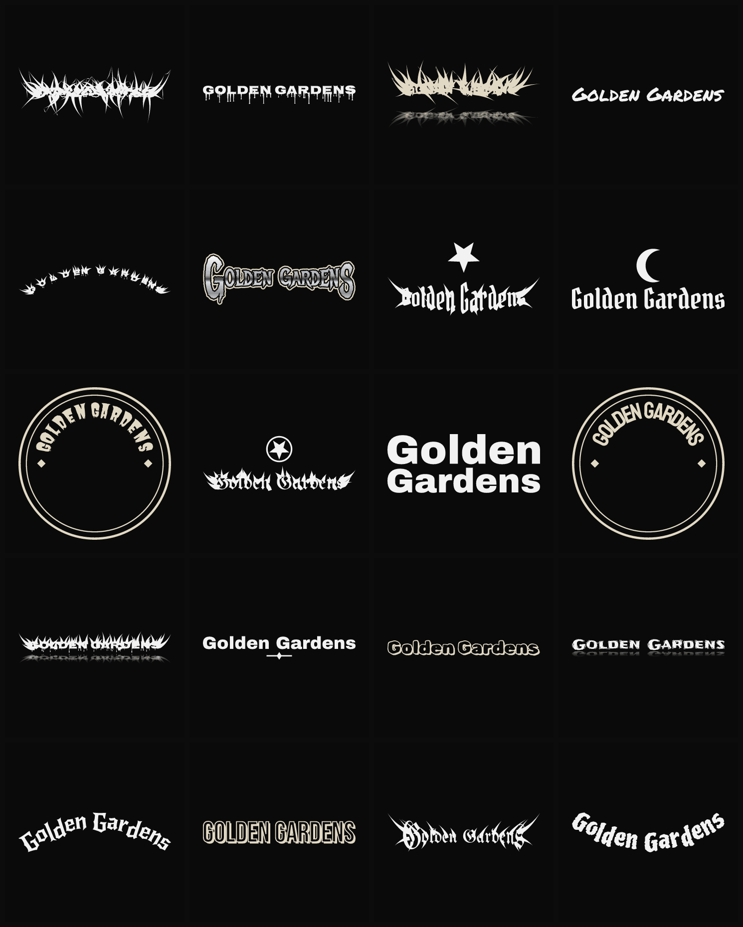 Twenty Golden Gardens band logo ideas — different faces, treatments and spike settings