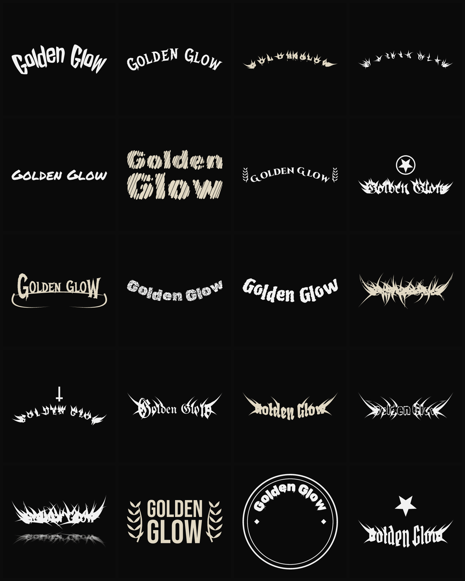 Twenty Golden Glow band logo ideas — different faces, treatments and spike settings