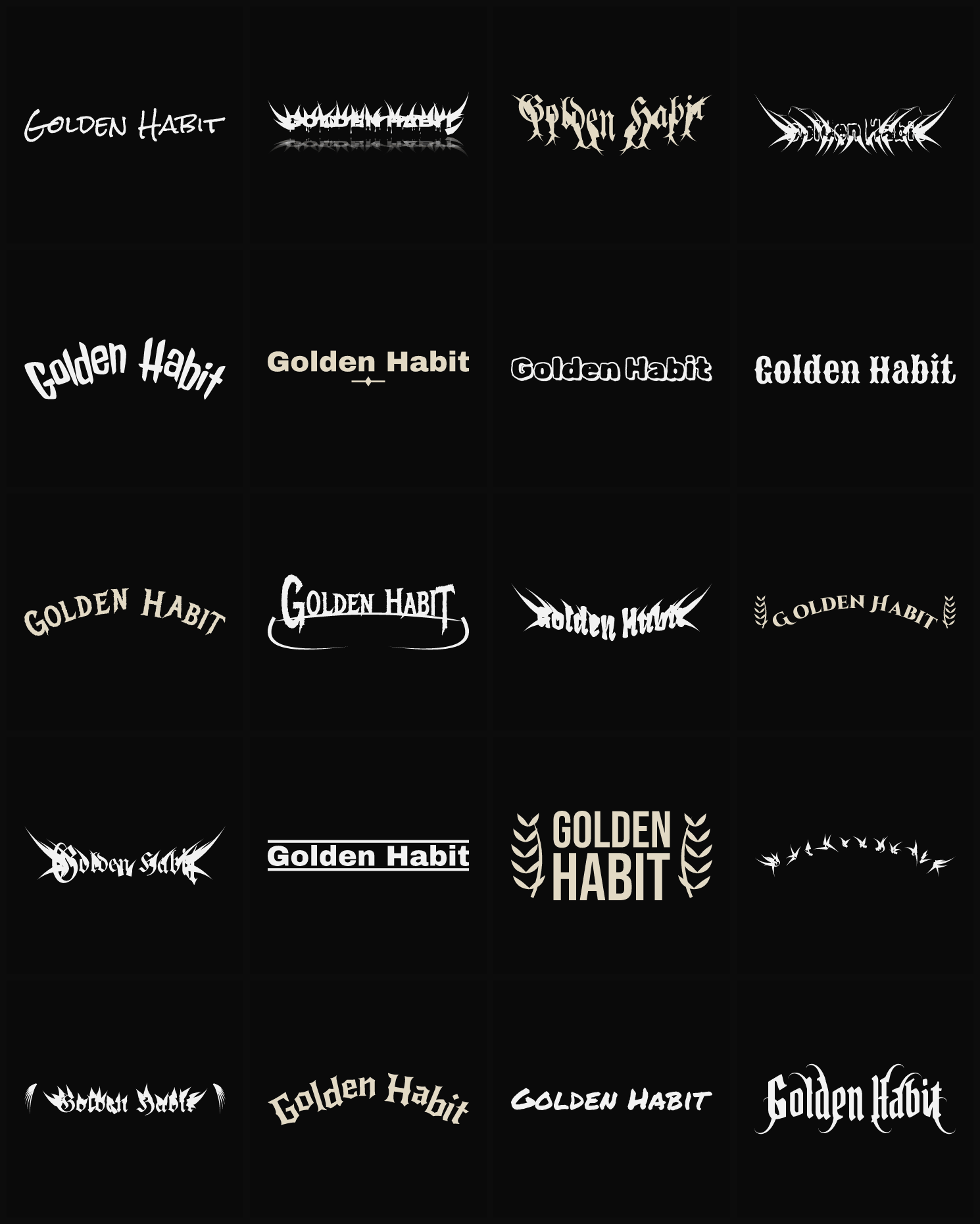 Twenty Golden Habit band logo ideas — different faces, treatments and spike settings