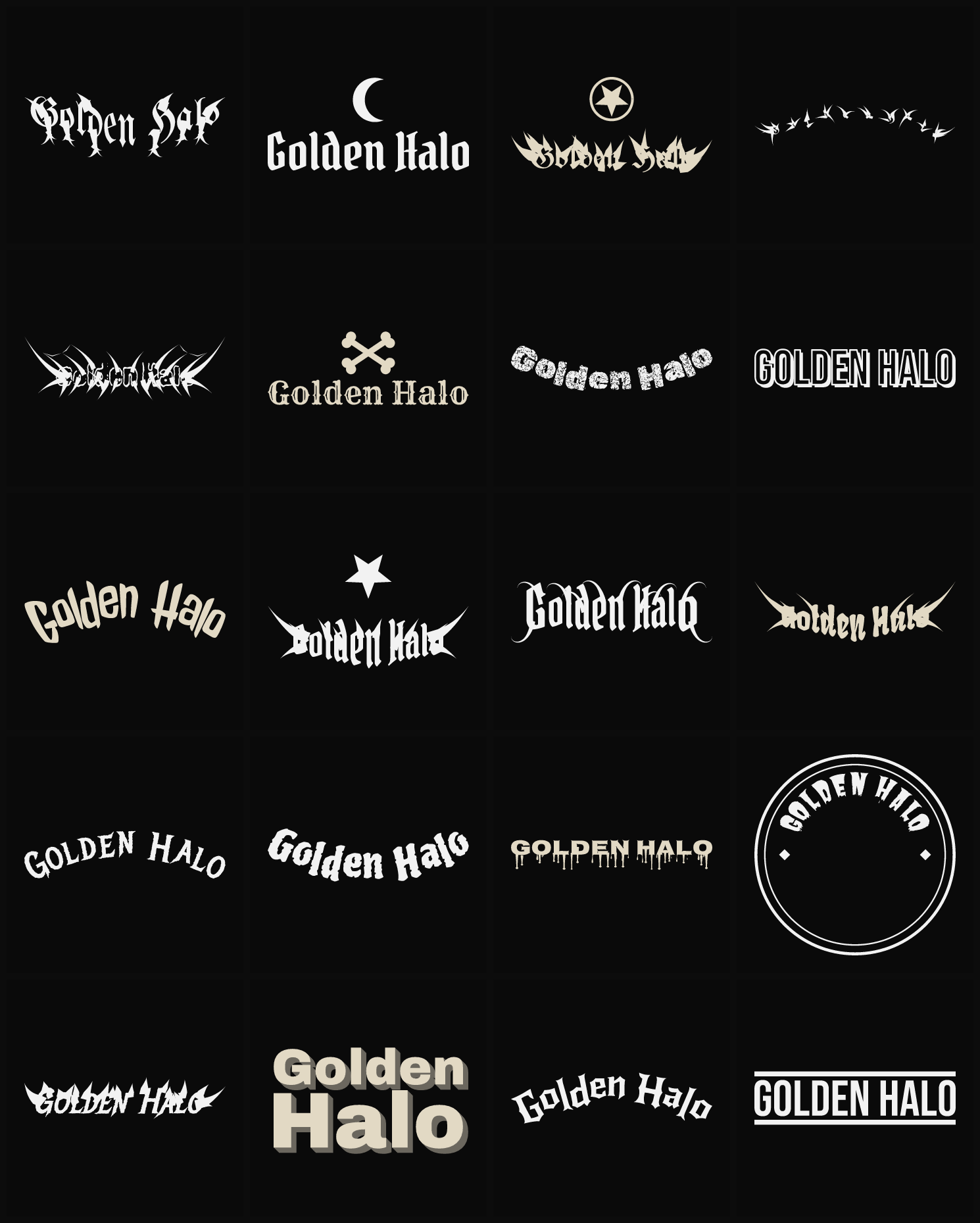 Twenty Golden Halo band logo ideas — different faces, treatments and spike settings