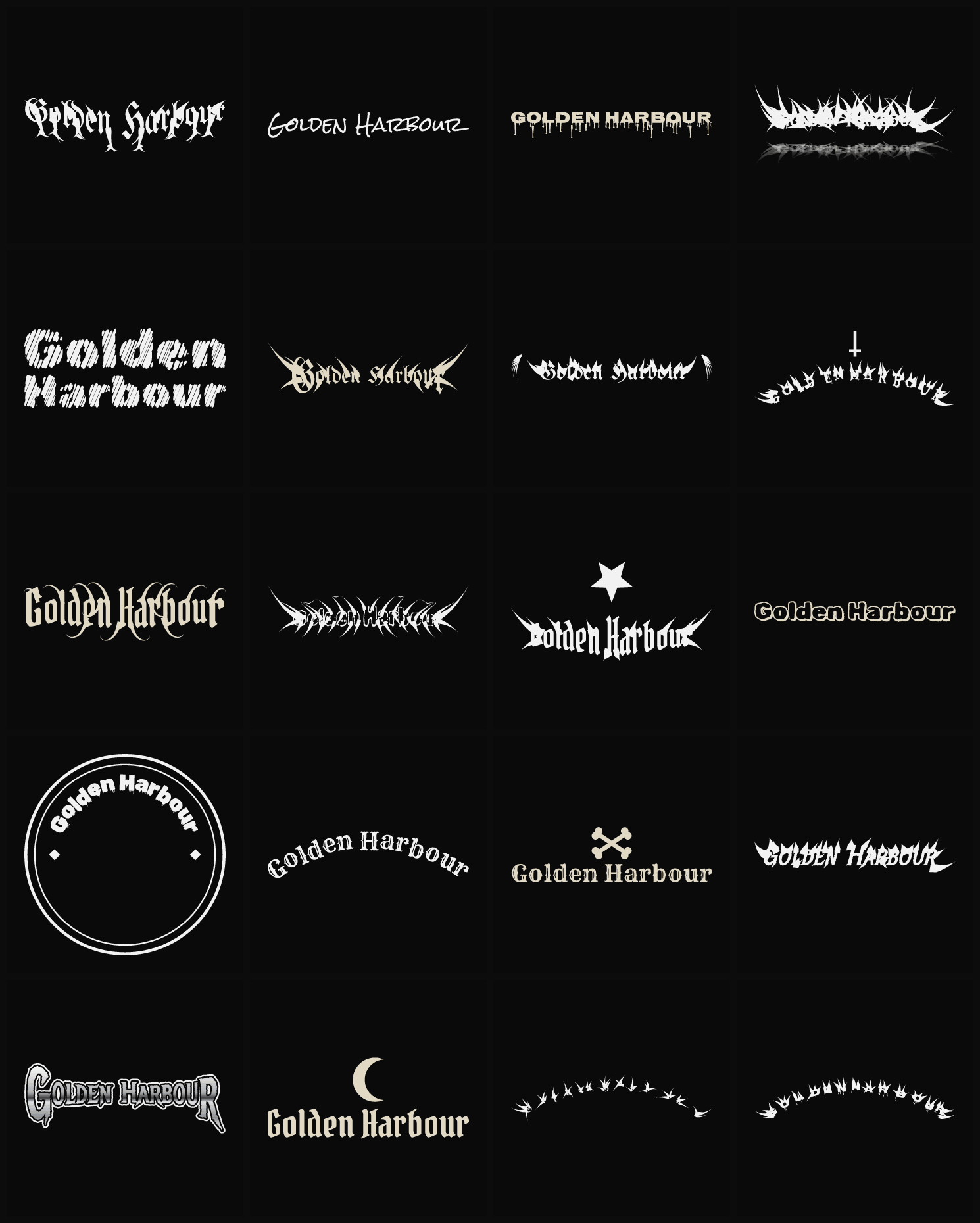 Twenty Golden Harbour band logo ideas — different faces, treatments and spike settings