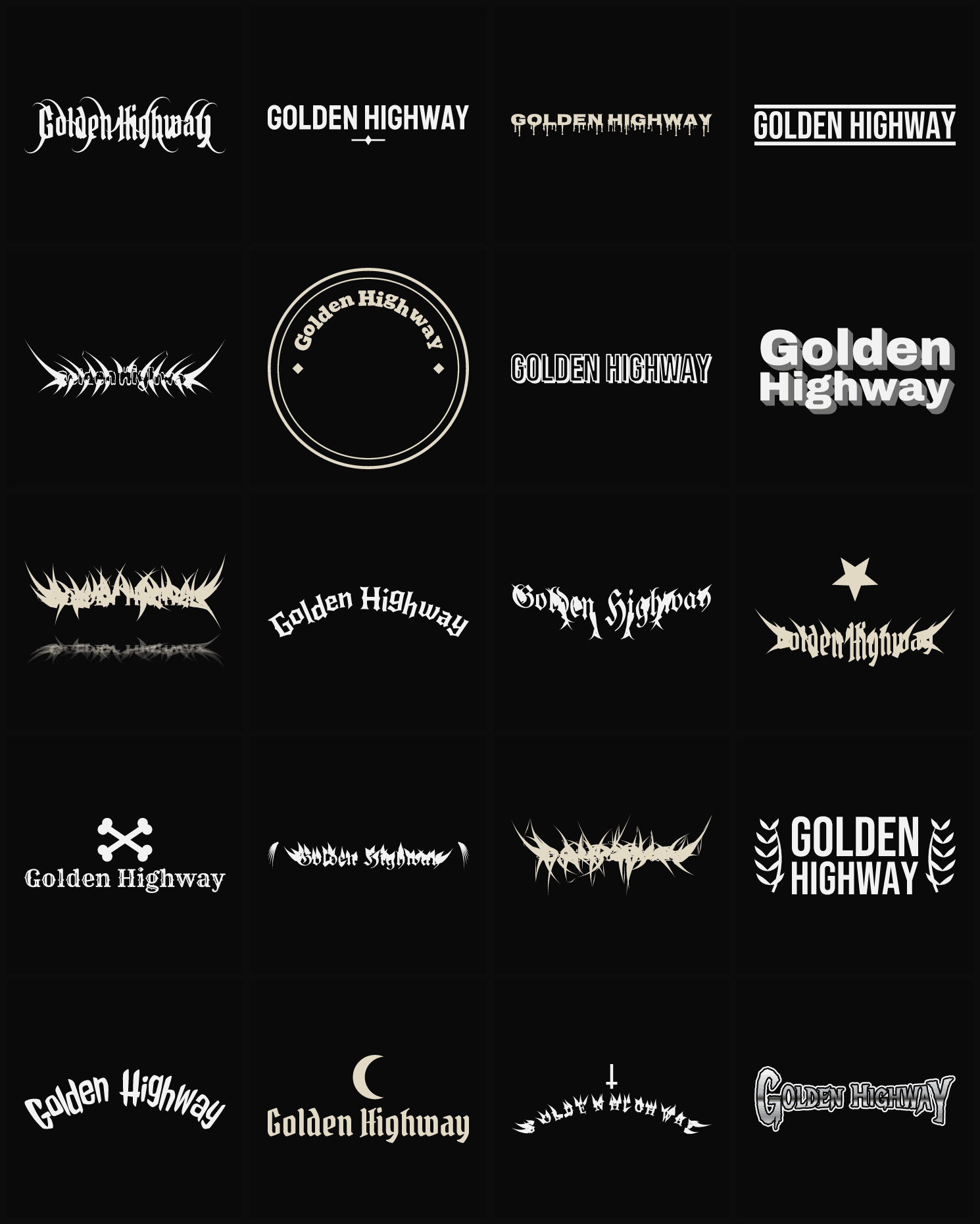 Twenty Golden Highway band logo ideas — different faces, treatments and spike settings