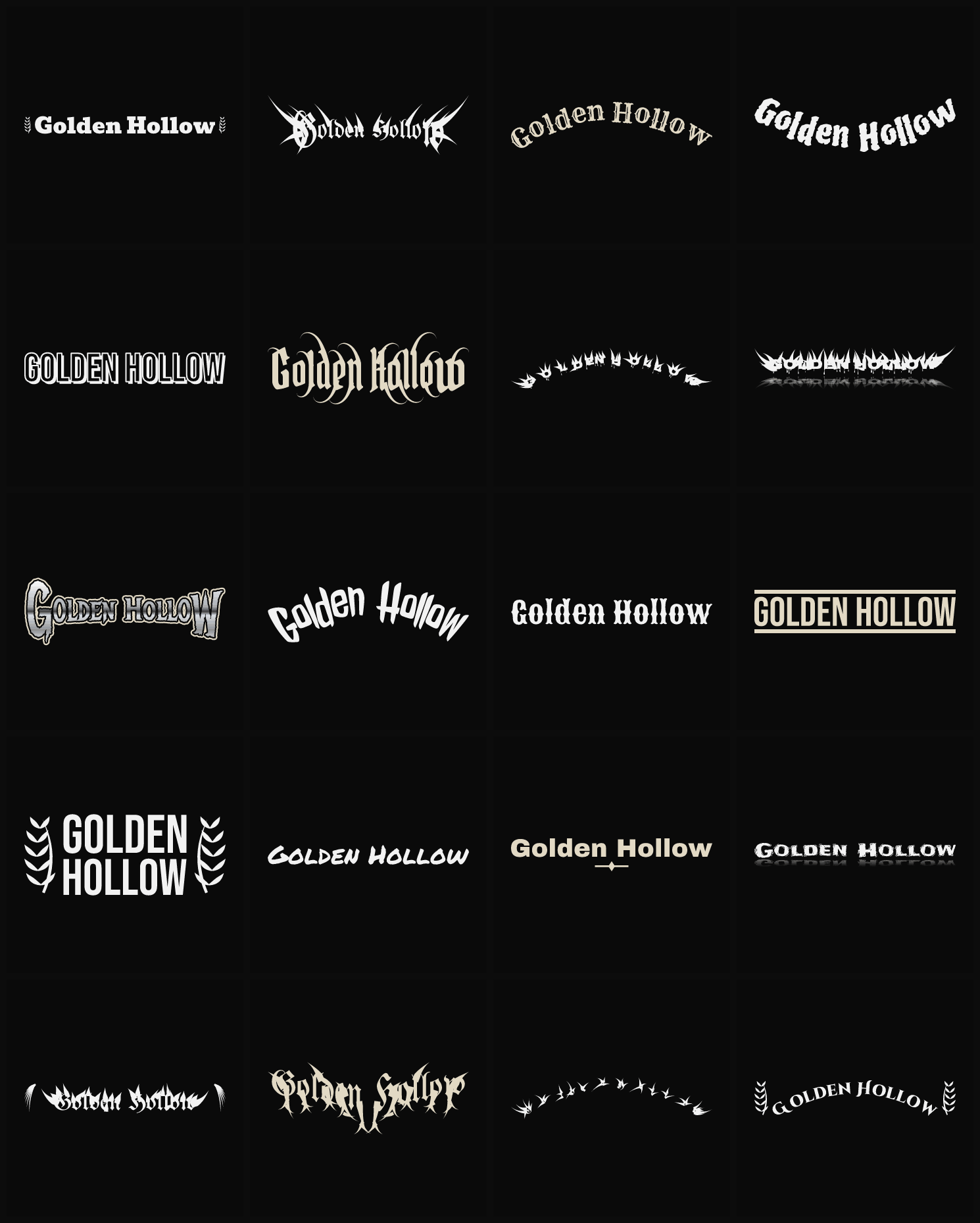 Twenty Golden Hollow band logo ideas — different faces, treatments and spike settings