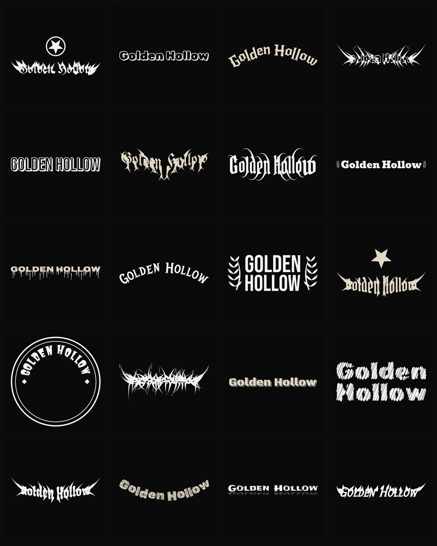 Twenty Golden Hollow band logo ideas — different faces, treatments and spike settings