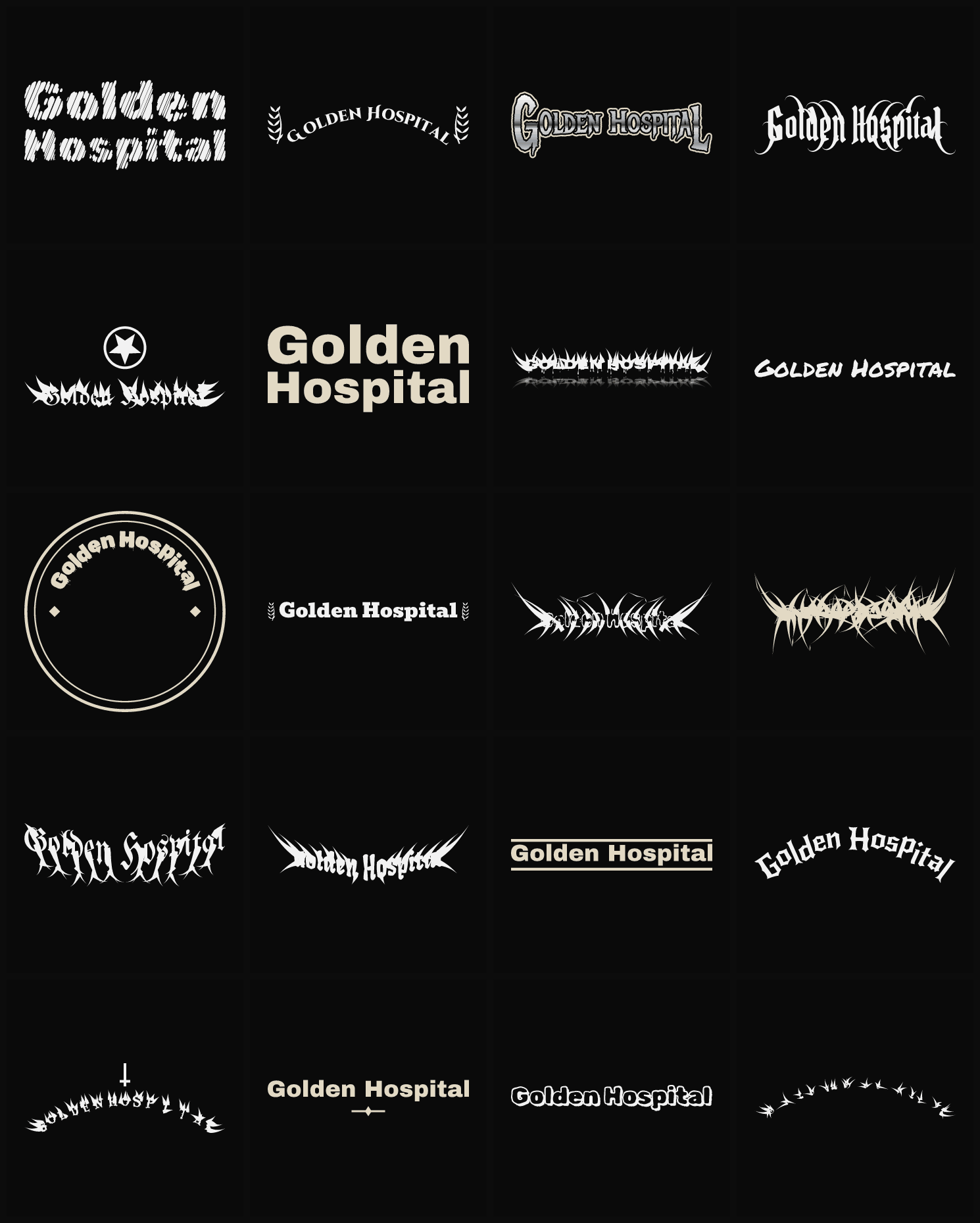 Twenty Golden Hospital band logo ideas — different faces, treatments and spike settings
