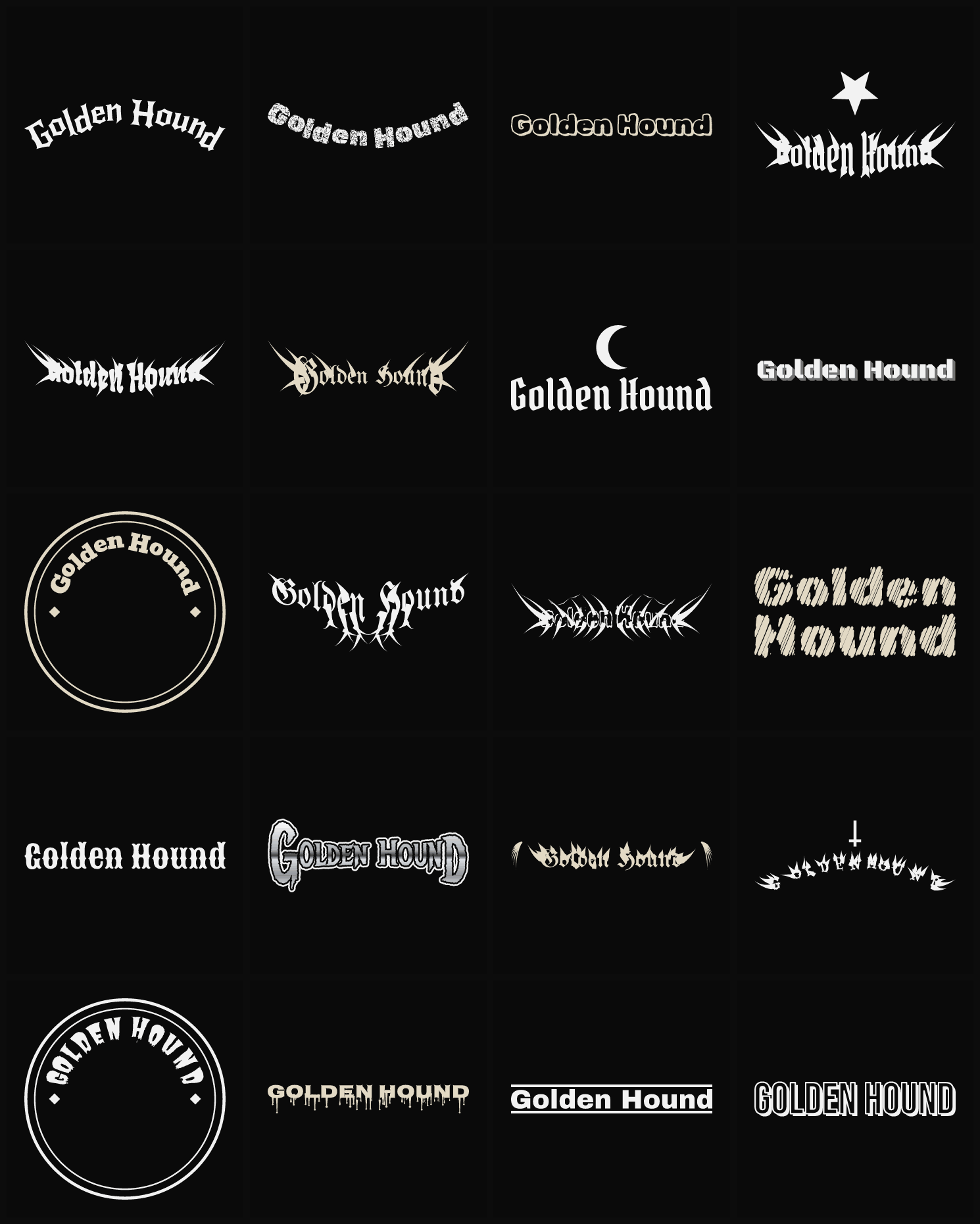 Twenty Golden Hound band logo ideas — different faces, treatments and spike settings