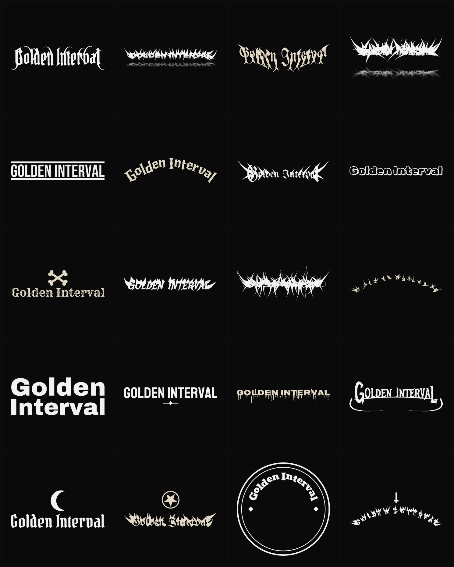 Twenty Golden Interval band logo ideas — different faces, treatments and spike settings