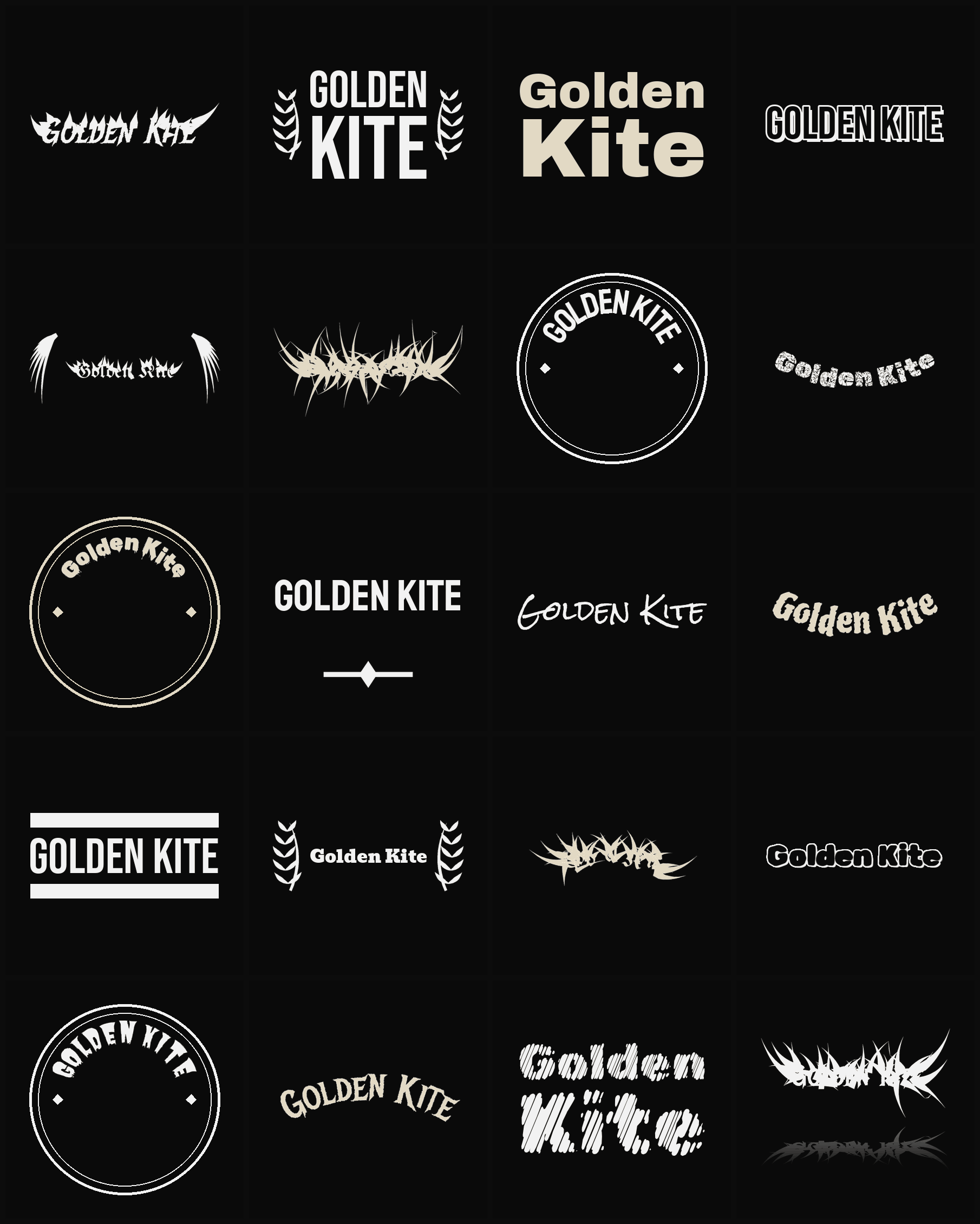 Twenty Golden Kite band logo ideas — different faces, treatments and spike settings