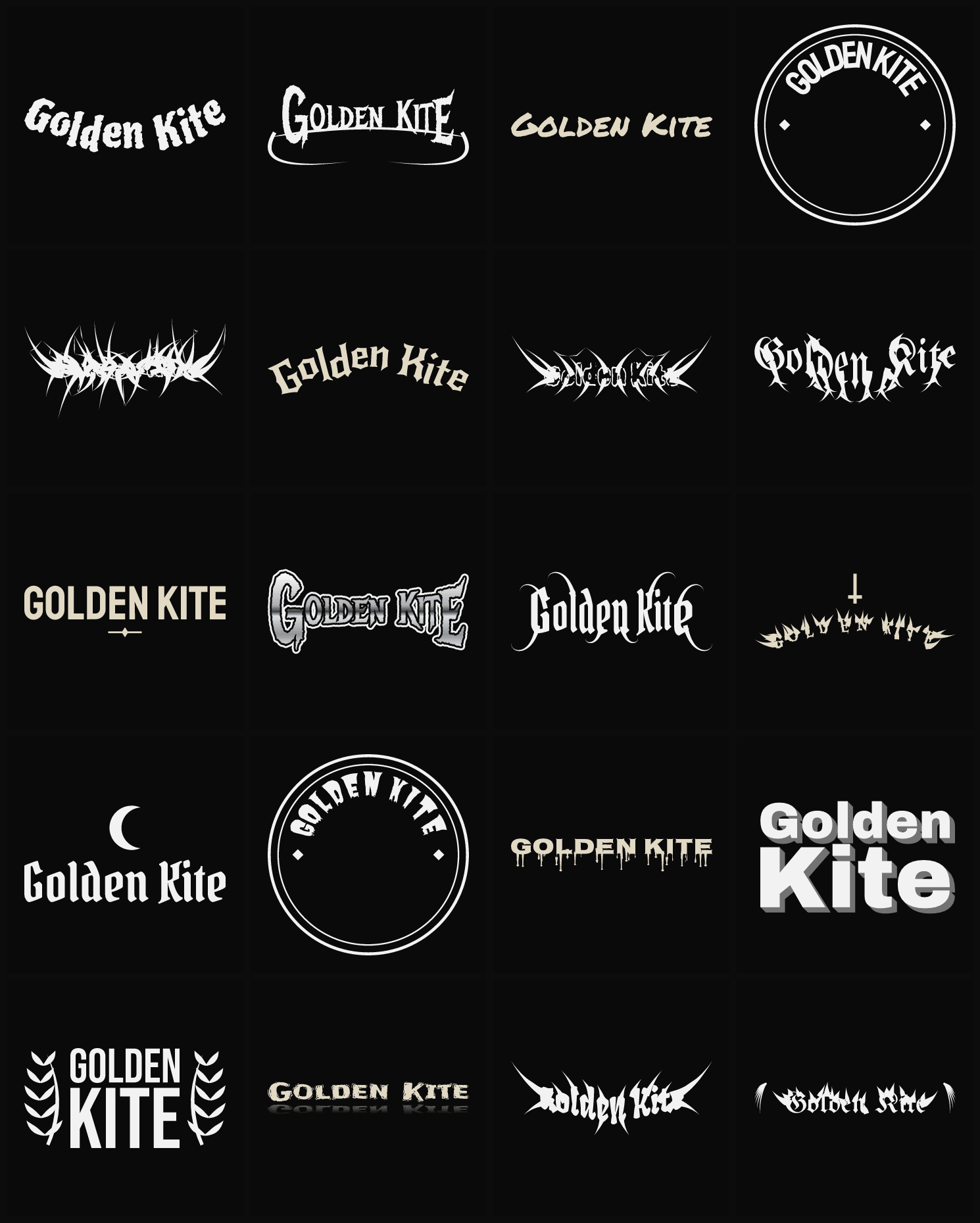 Twenty Golden Kite band logo ideas — different faces, treatments and spike settings