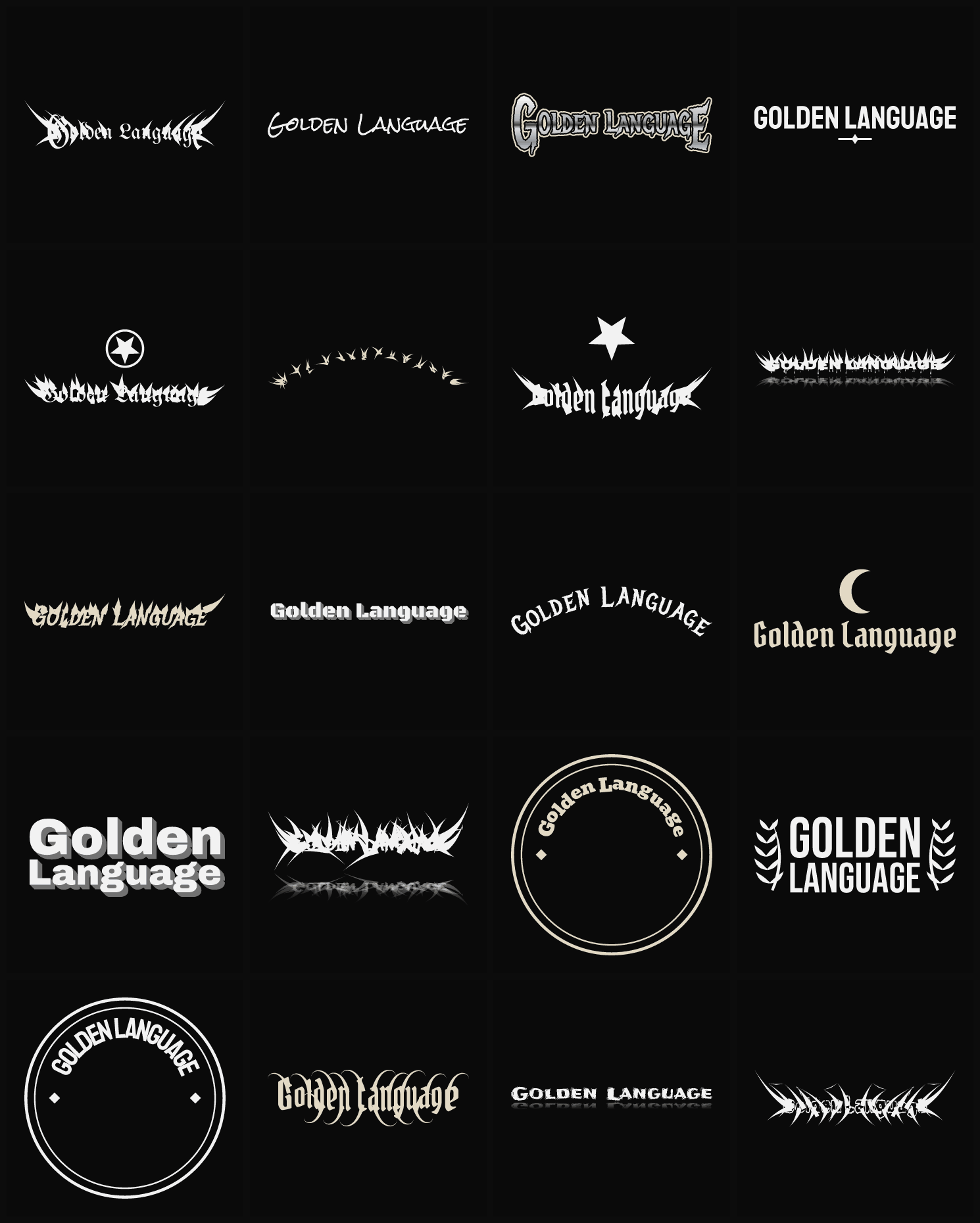 Twenty Golden Language band logo ideas — different faces, treatments and spike settings