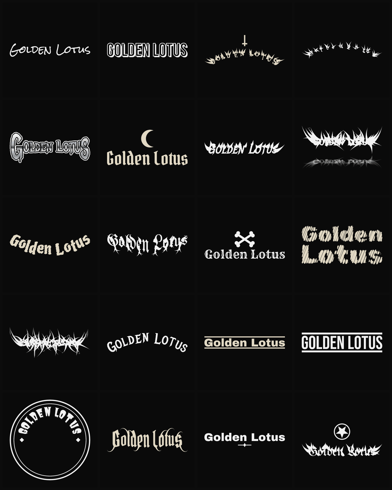 Twenty Golden Lotus band logo ideas — different faces, treatments and spike settings