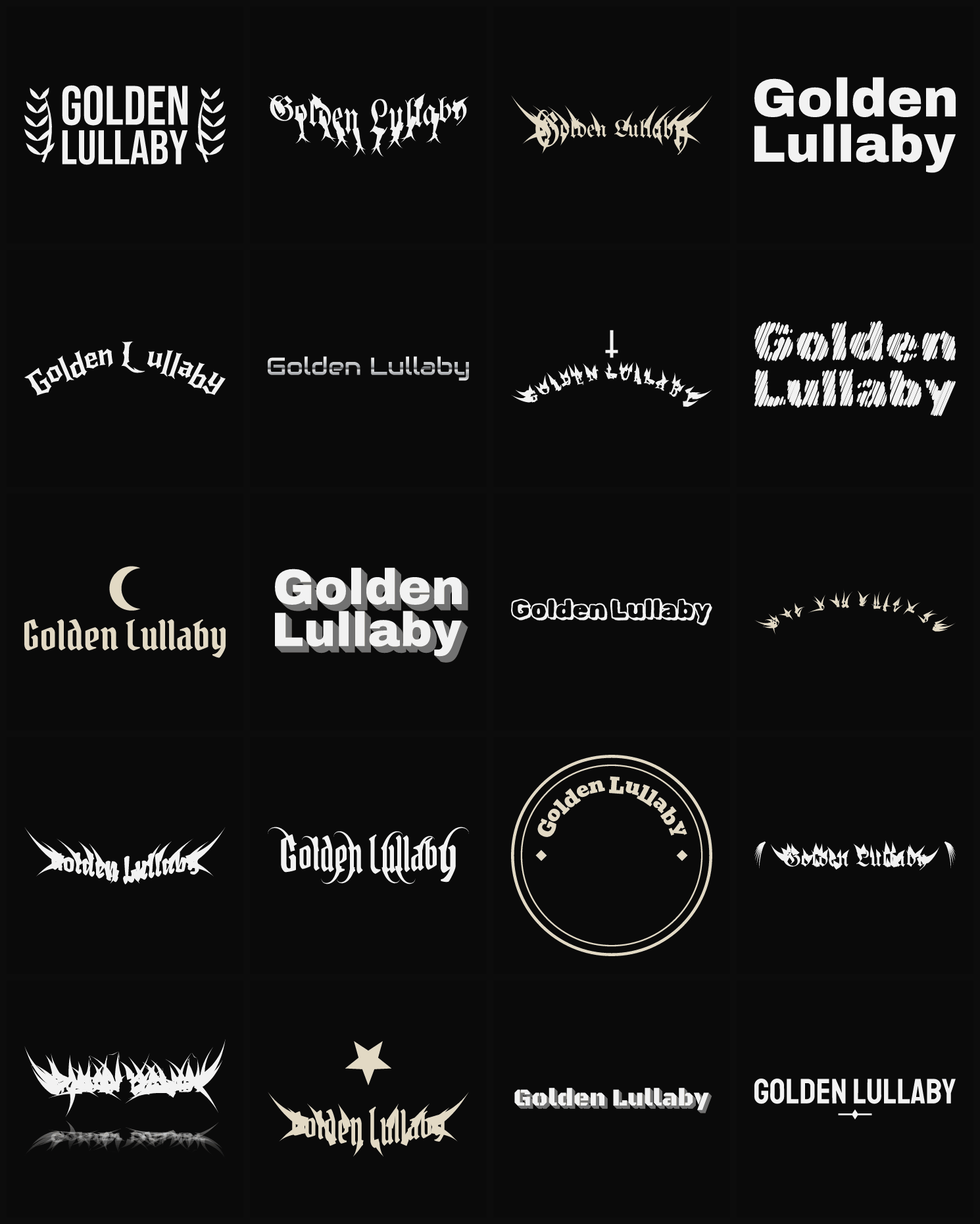 Twenty Golden Lullaby band logo ideas — different faces, treatments and spike settings