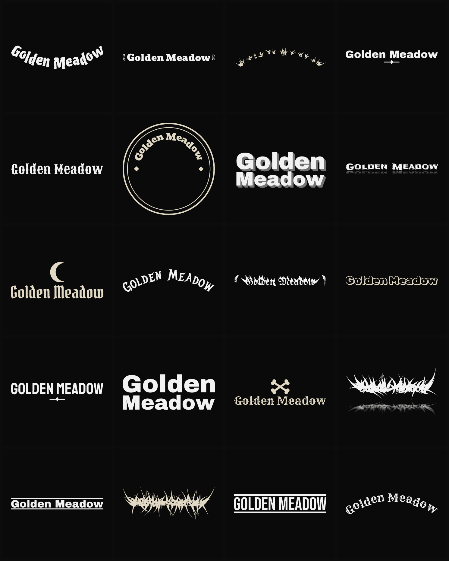 Twenty Golden Meadow band logo ideas — different faces, treatments and spike settings