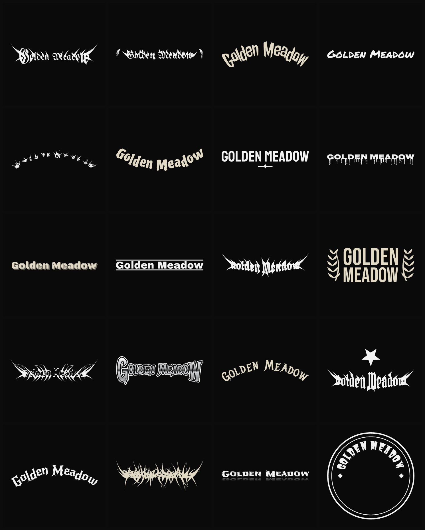 Twenty Golden Meadow band logo ideas — different faces, treatments and spike settings