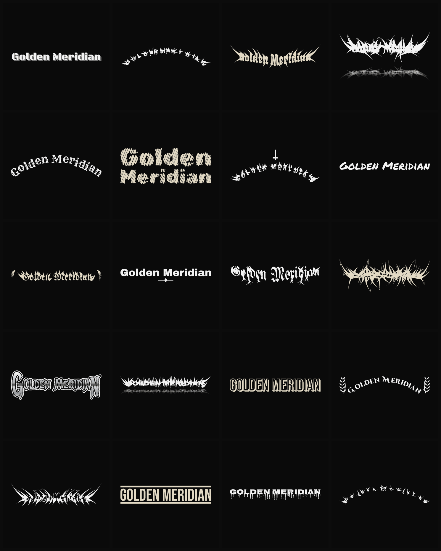 Twenty Golden Meridian band logo ideas — different faces, treatments and spike settings