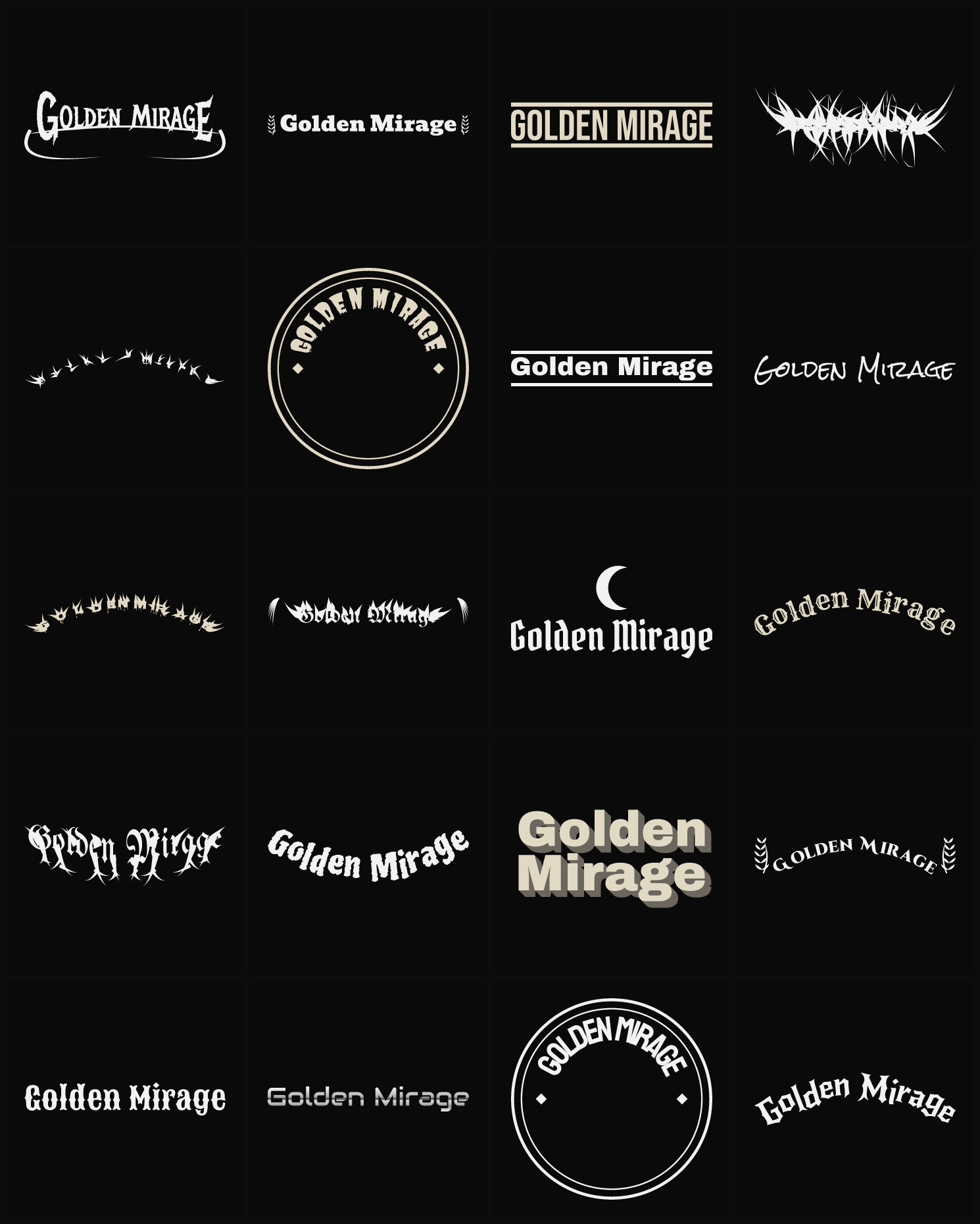 Twenty Golden Mirage band logo ideas — different faces, treatments and spike settings