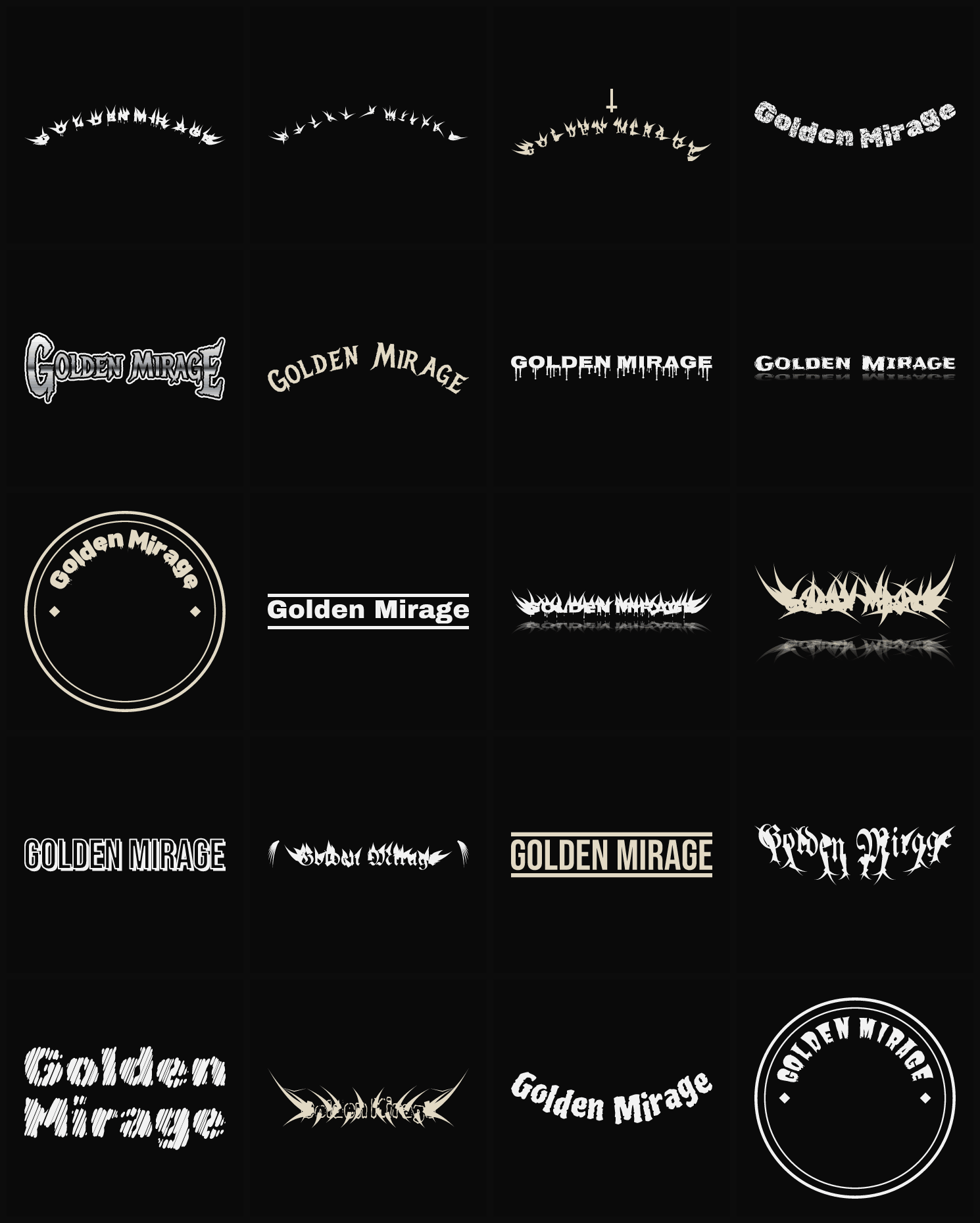 Twenty Golden Mirage band logo ideas — different faces, treatments and spike settings