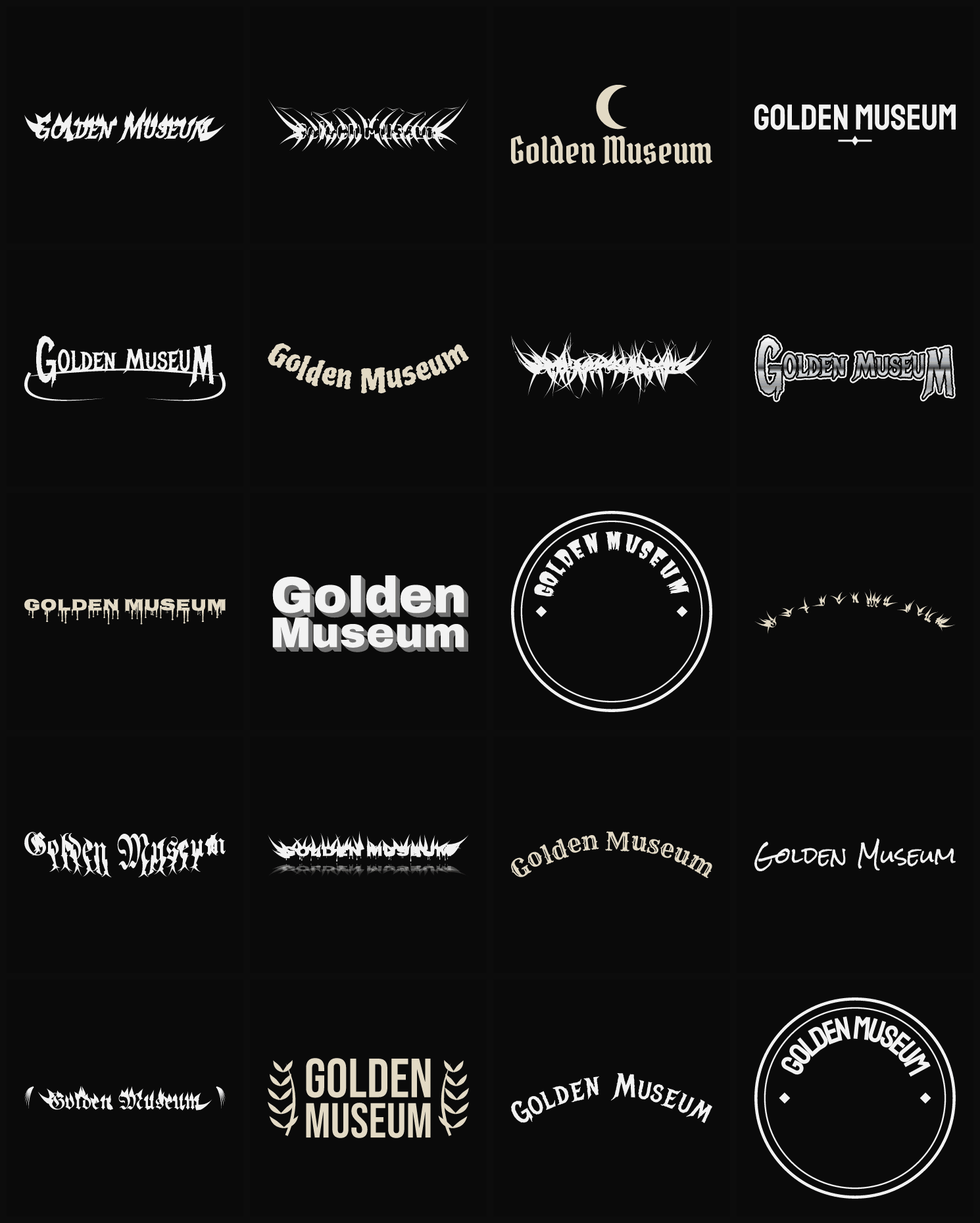 Twenty Golden Museum band logo ideas — different faces, treatments and spike settings