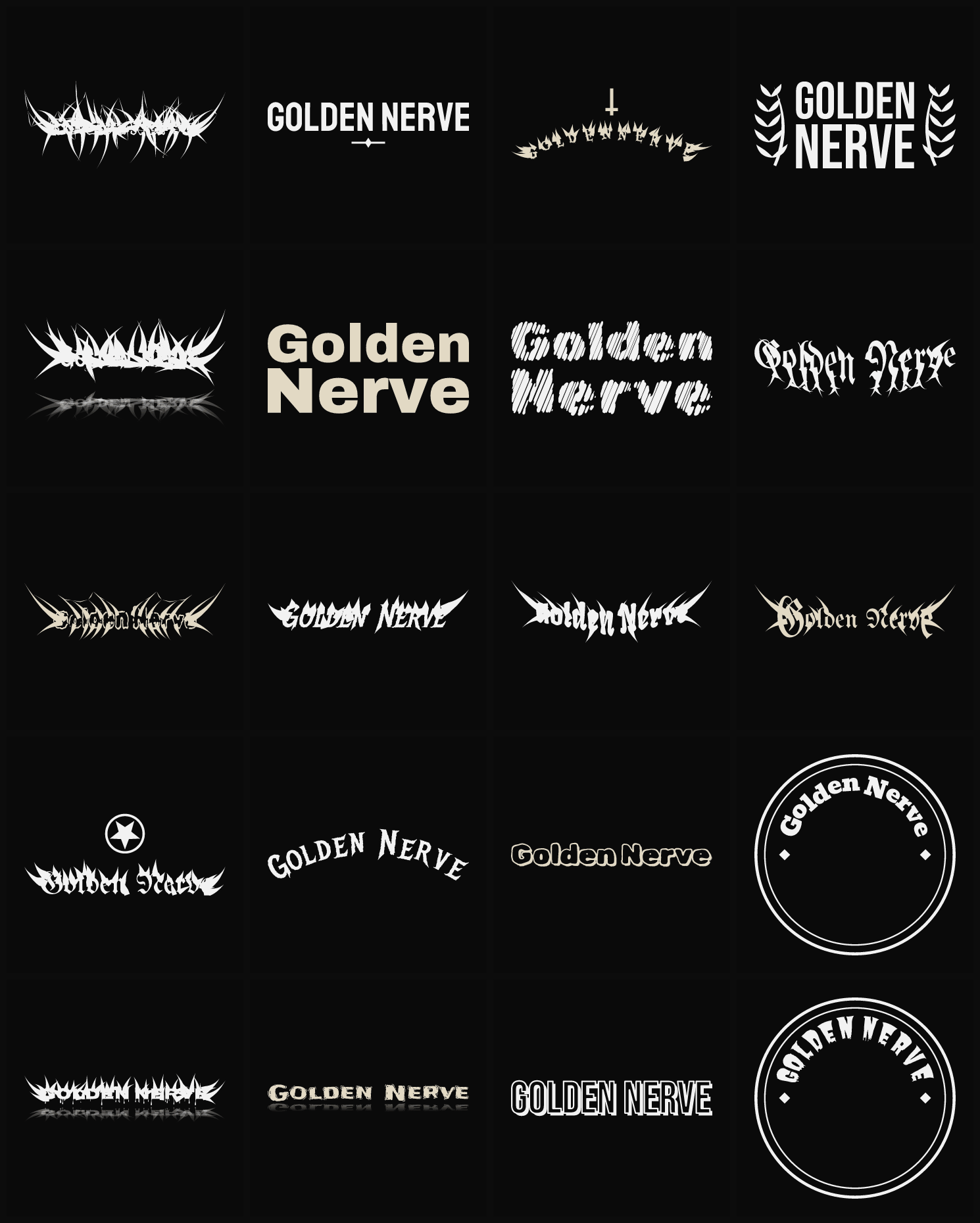Twenty Golden Nerve band logo ideas — different faces, treatments and spike settings